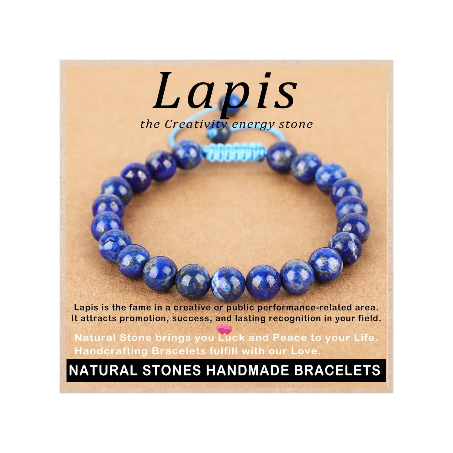 AD Beads 8mm Lapis Bracelet - Stone of the Creativity energy stone - Handmade Natural Stone Crystal Bracelet with Adjustable Macrame String - Yoga Healing Power Energy Gifts for Men and Women
