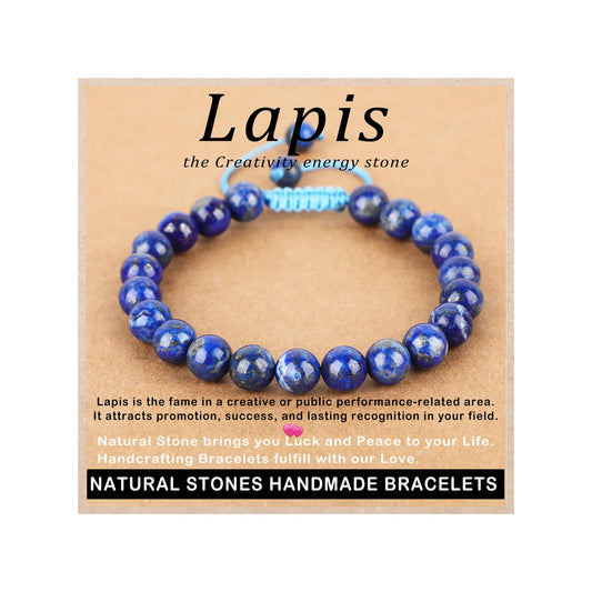 AD Beads 8mm Lapis Bracelet - Stone of the Creativity energy stone - Handmade Natural Stone Crystal Bracelet with Adjustable Macrame String - Yoga Healing Power Energy Gifts for Men and Women