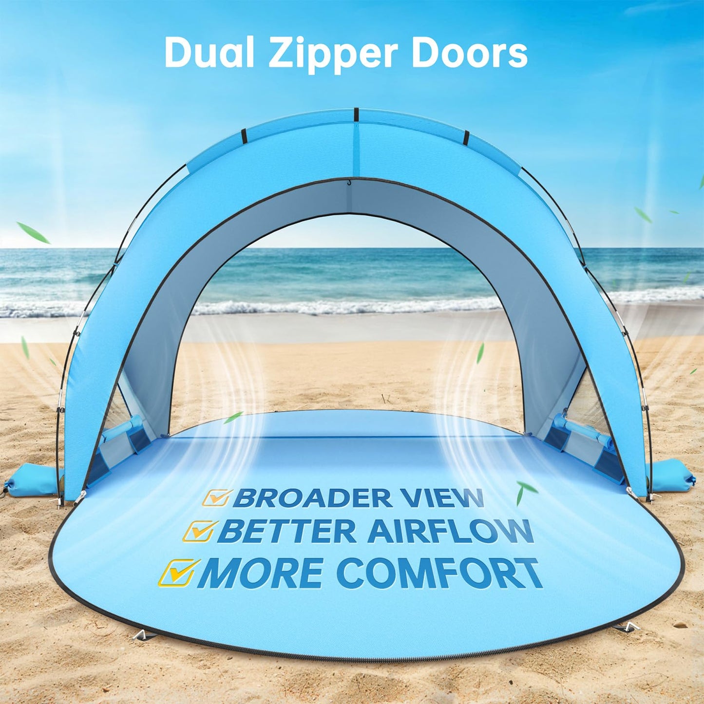 Raynesys Beach Tent Sun Shelter, Beach Shade Tent with UPF50+ UV Protection, Portable Sun Shelter for 1-3 Person, Shade Tents with 2 Zippered Doors for Sand Camping Fishing, Blue