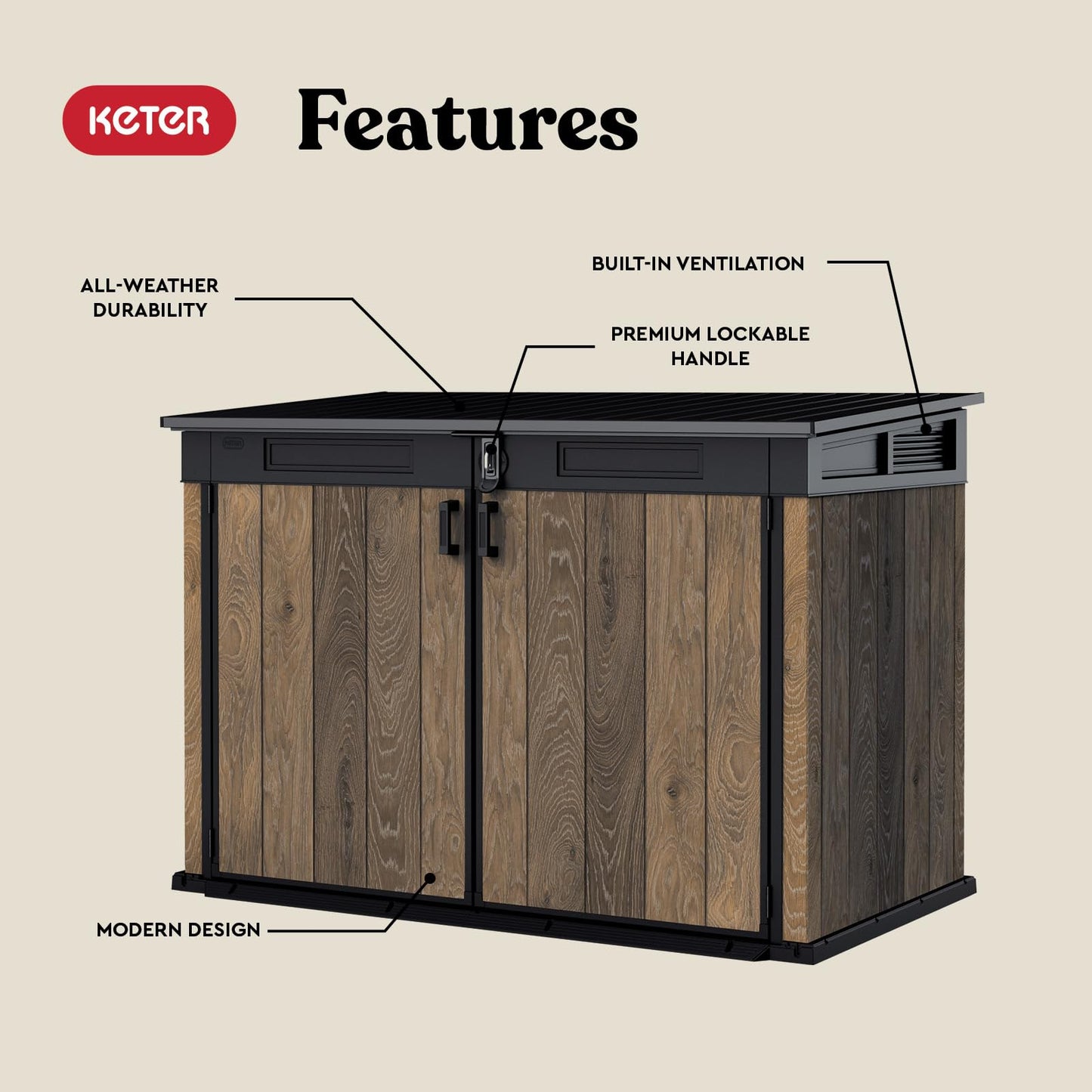 Keter Signature Collection All Weather Outdoor Storage Shed – Durable Resin Garden Shed with Built‑in Ventilation, & Lockable Double Doors – Walnut Finish