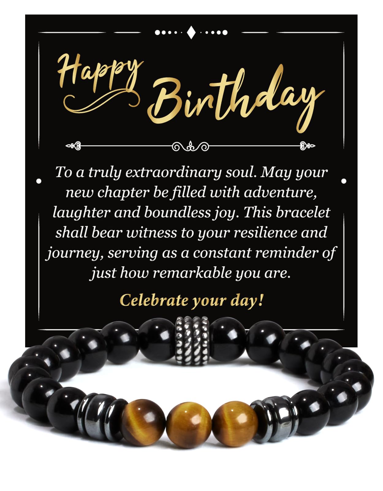 Landorilo Gifts for Men, 8mm Natural Stone Beaded Bracelets, Black Tourmaline & Tiger's Eye Healing Bracelet, Handmade Mens Jewelry Gift for Him, Husband, Son, Father, Friend(Happy Birthday-7.5in)