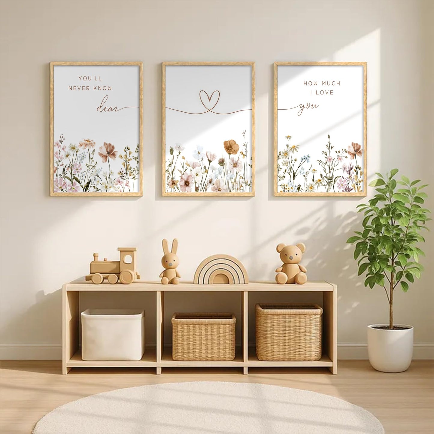 3Pcs Framed Boho Nursery Wall Art Flower Botanical Sentence Painting Picture Wall Decor Wildflower Children's Room Poster Print Artwork for Nursery Baby Room Living Room Bedroom Home Decoration