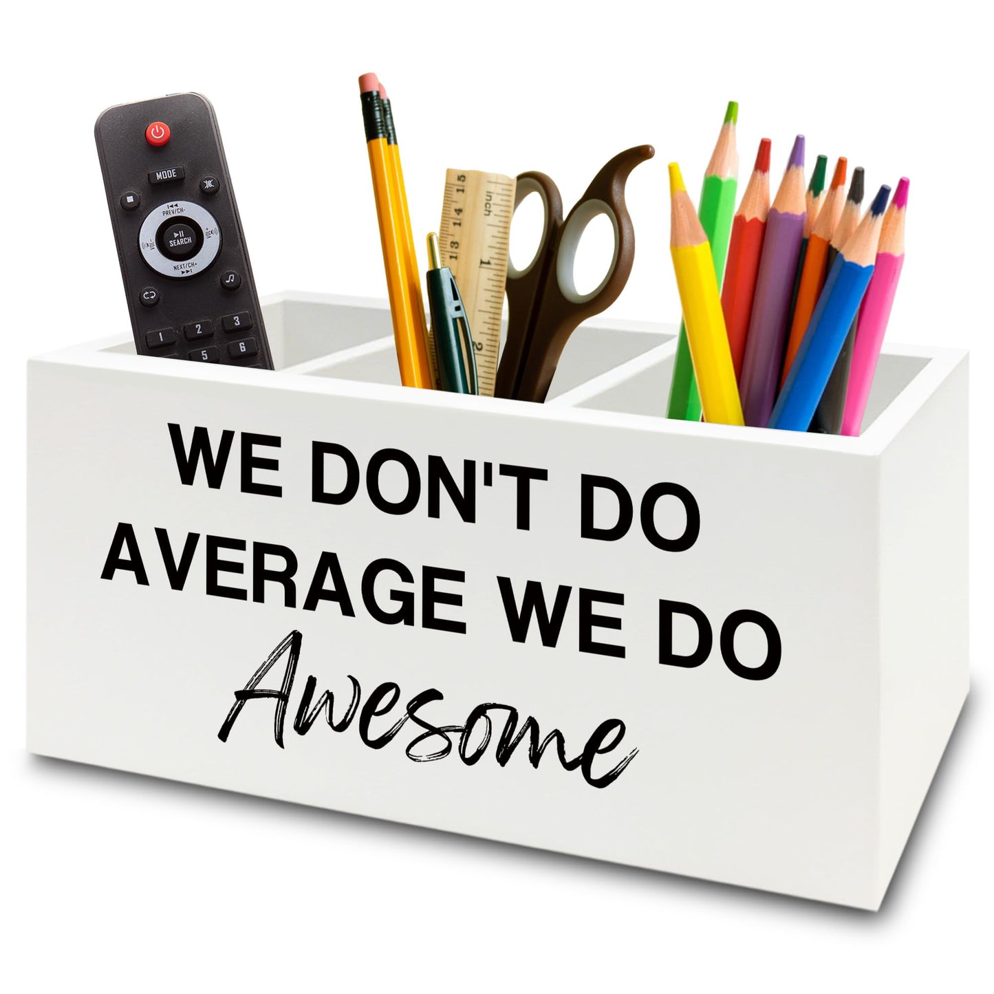 XPH Inspirational Pen Pencil Holder Organizer for Desk, Inspirational Gifts for Women, We Don't Do Average We Do Awesome Motivational Wooden Box Sign for Home Office Desk Tabletop Decorations