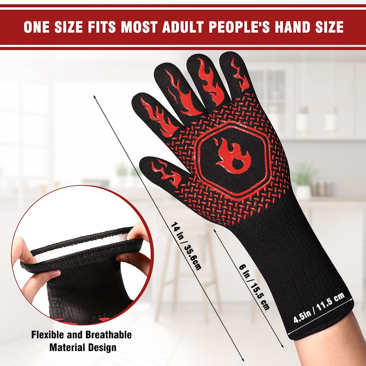 BBQ Grill Gloves : 1472 ℉ High Temp Resistance Fireproof Glove for Grilling Barbecue - Washable Long Silicone Oven Mitts Extreme Hot Proof Mittens for Kitchen Cooking Baking