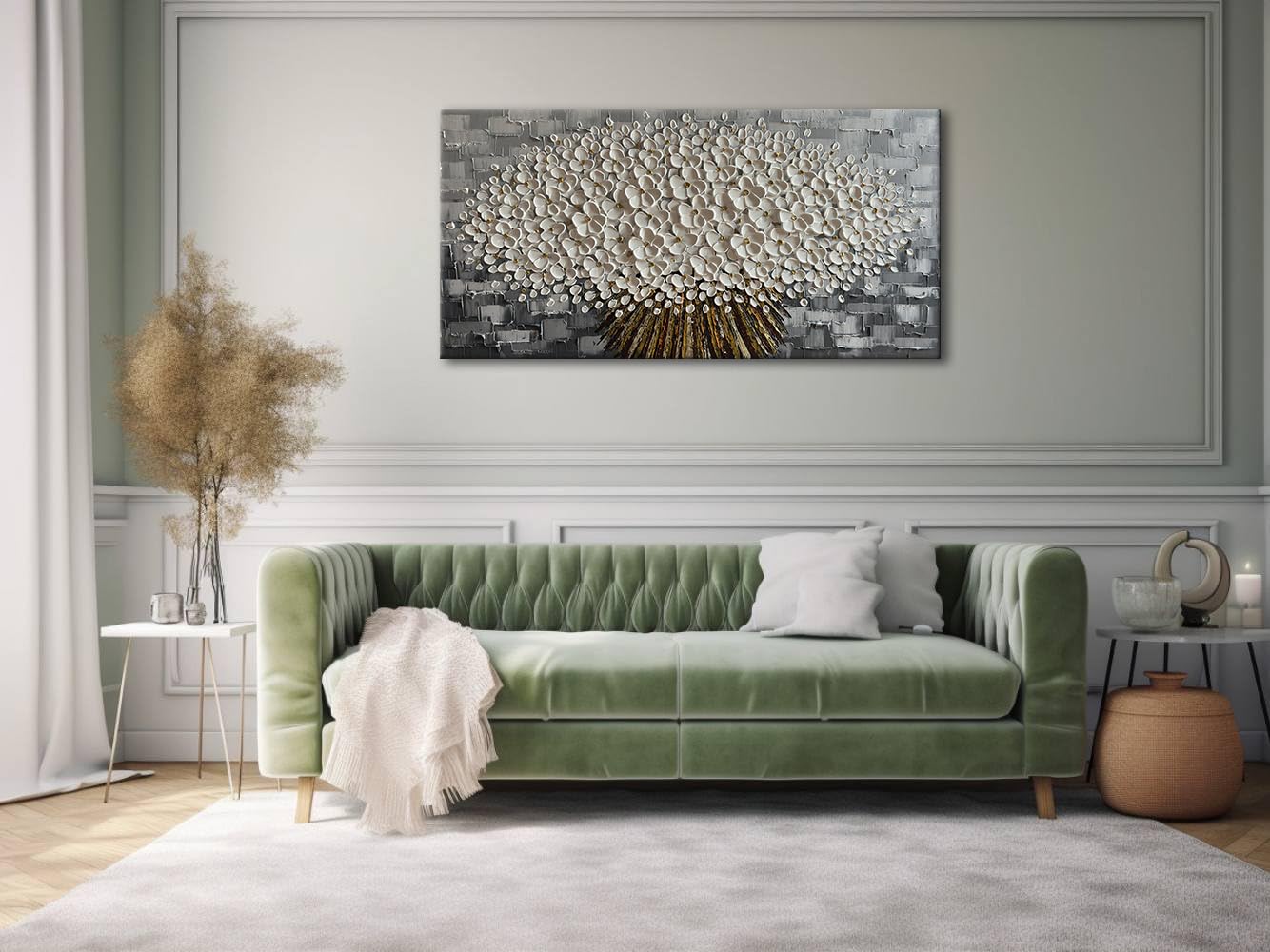 Alenoss Gray and White Abstract Floral, 3D Textured Flower Painting, Modern Living Room Wall Art, Gray Canvas Wall Decor