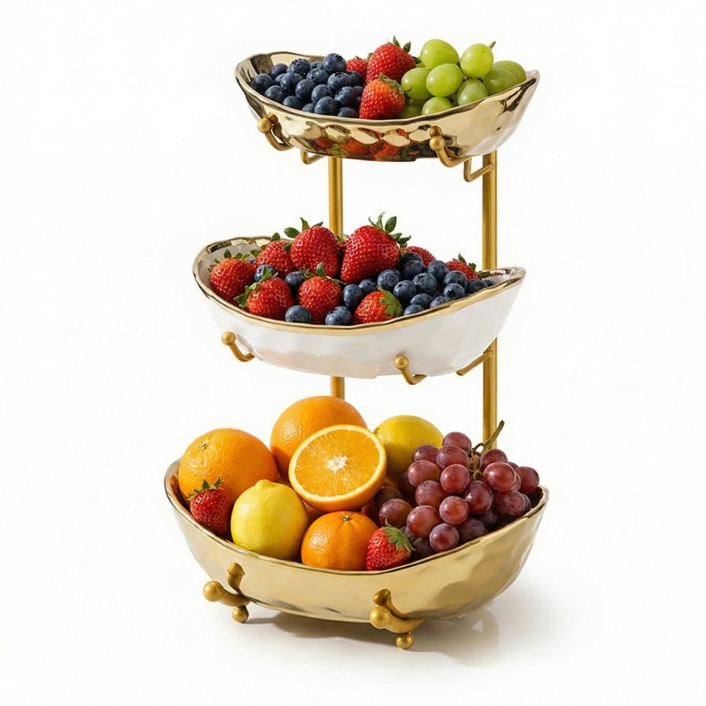 YYW 3-Tier Ceramic Fruit Bowl with Metal Stand - Elegant Countertop Organizer for Kitchen/Living Room, Holds Desserts, Snacks & Nuts - Home & Party Use (Golden)