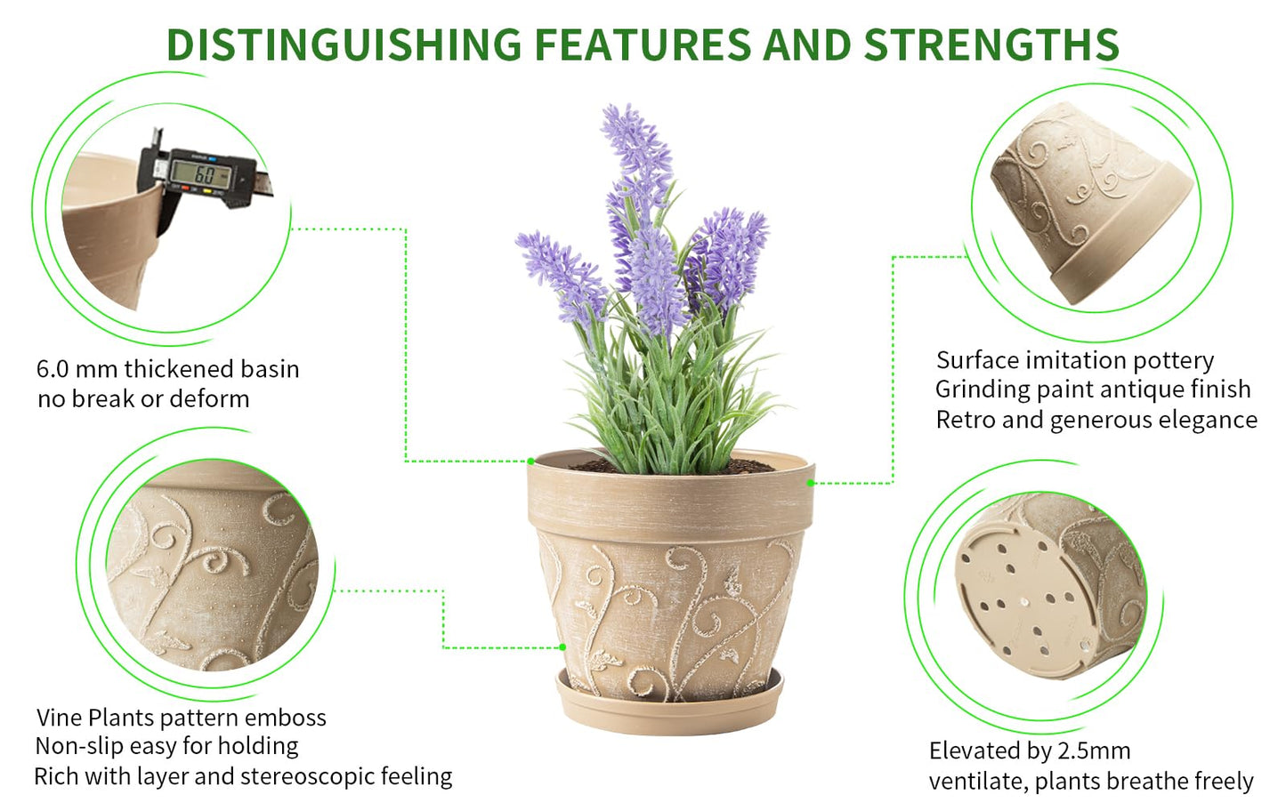 Melphoe Plant Pots Indoor with Drainage & Saucer, 2Pack 7 inch Flower Pots Outdoor Planters for Indoor Plants Garden Home Decor Cactus Succulent, Rigid Plastic (Imitation-Terracotta) Vine-Embossed