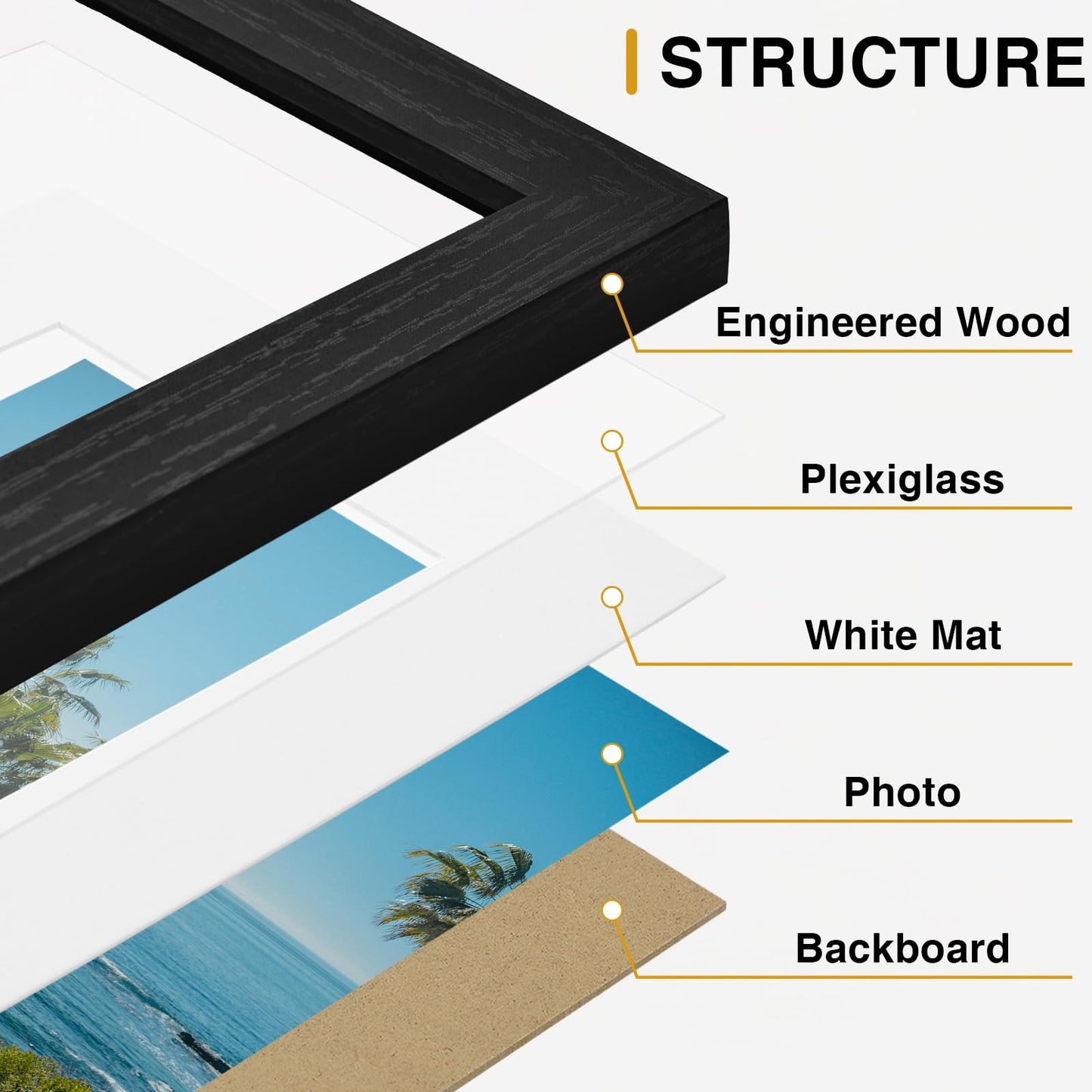 Vittanly 8x10 Picture Frames Set of 9, Shatter Resistant Plexiglass, Display 5x7 Pictures with Mat or 8x10 without Mat, Photo Frames for Wall or Tabletop, Engineered Wood, Black