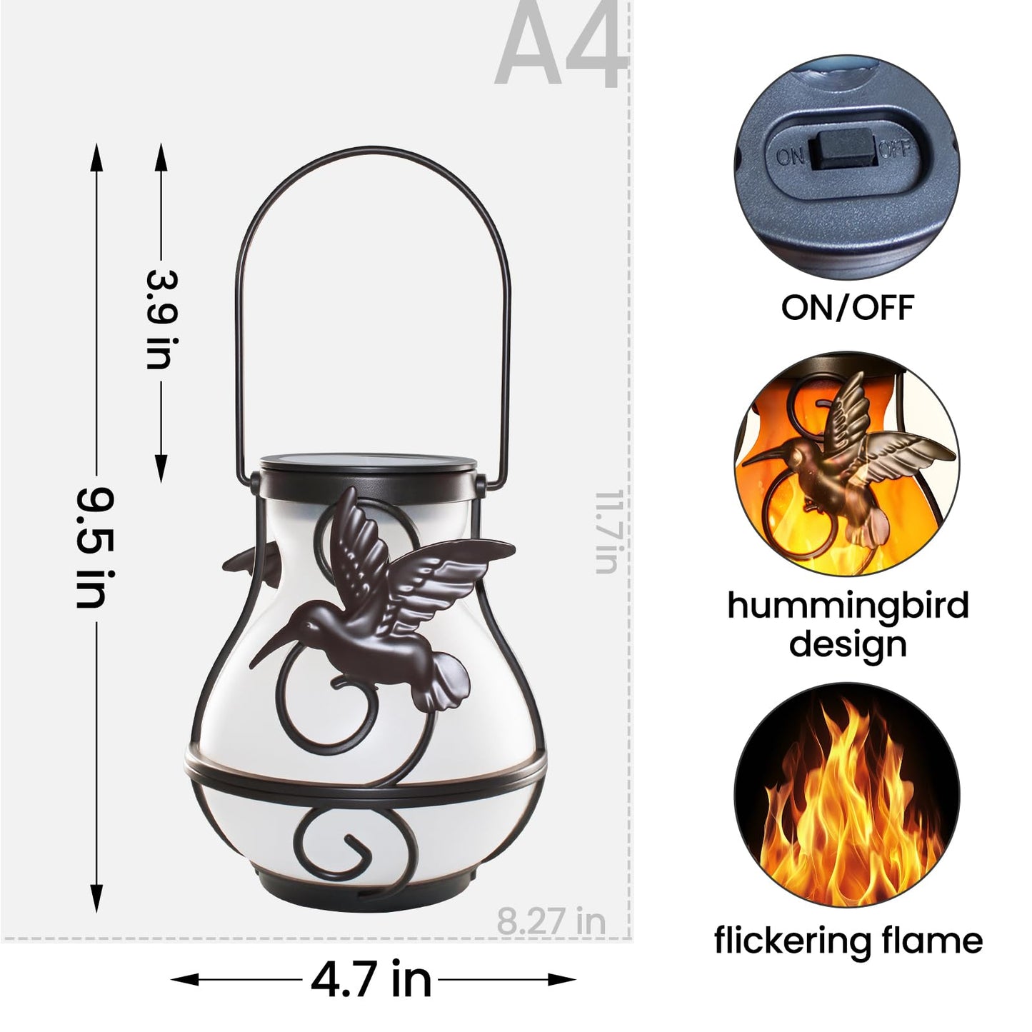 2 Pack Solar Lanterns Outdoor Waterproof, Plastic Flickering Flame Lights with Hummingbird Design, Hanging Solar Lantern for Patio, Porch & Garden Decoration, Gifts for Women, Mom