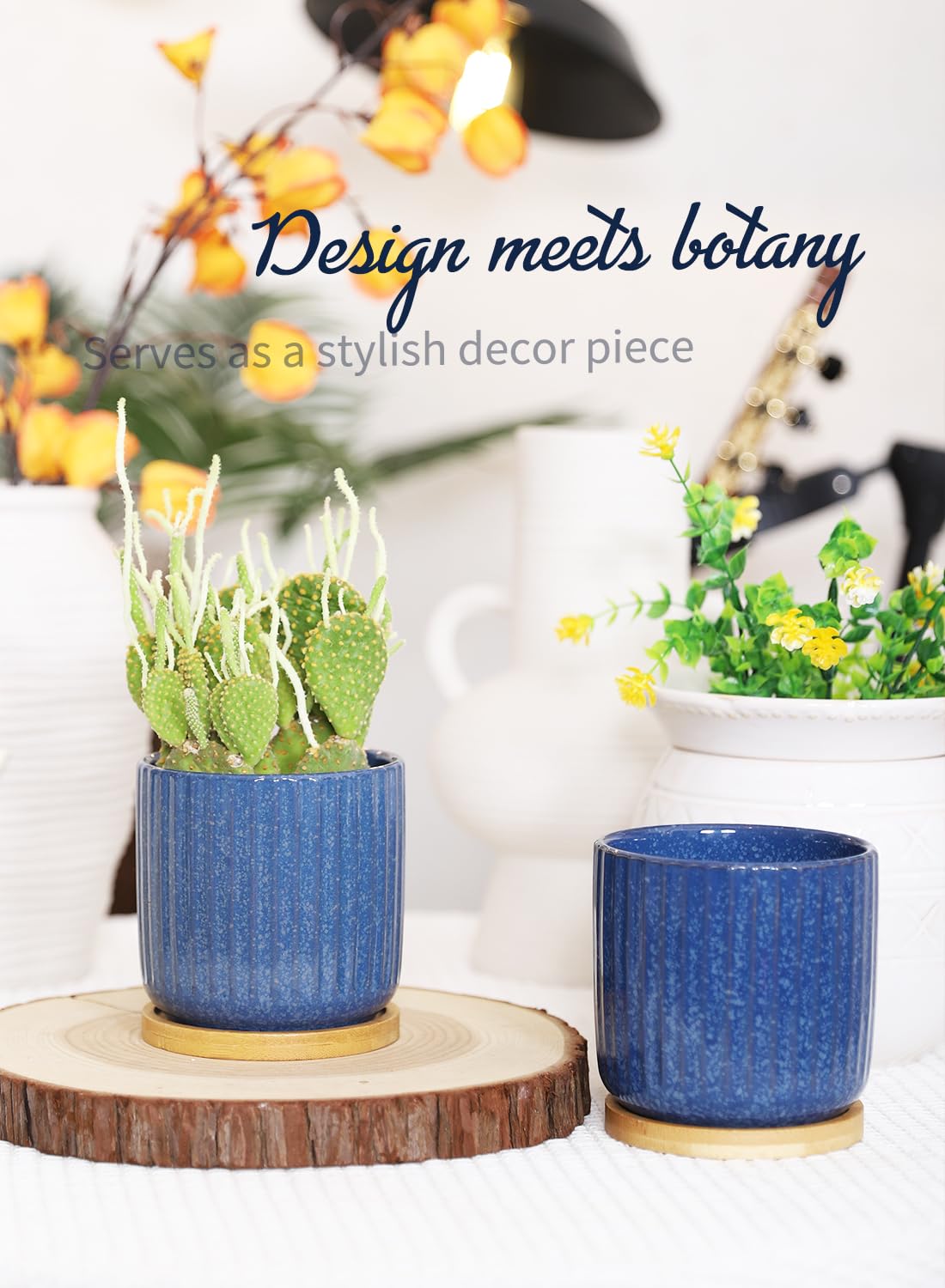TAMAYKIM 4 Inch Cylinder Ceramic Plant Pots with Drainage Holes & Saucers, Glazed Small Boho Planters with Trays for Indoor Flower, Snake Plants, Succulent, Cactus, Blue, Set of 4