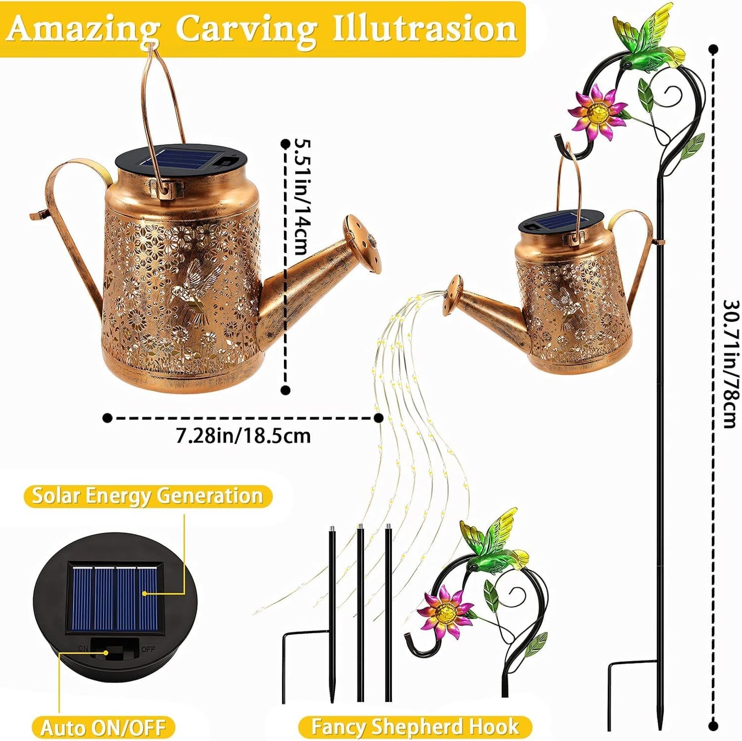 Big Solar Lanterns Outdoor Waterproof, Gifts for Mom Grandma Women Wife Daughter Mother's Day, Hummingbird Sunflower Watering Can with Shepherd Hook, Hanging Lanterns, Solar Path Lights Outdoor Decor