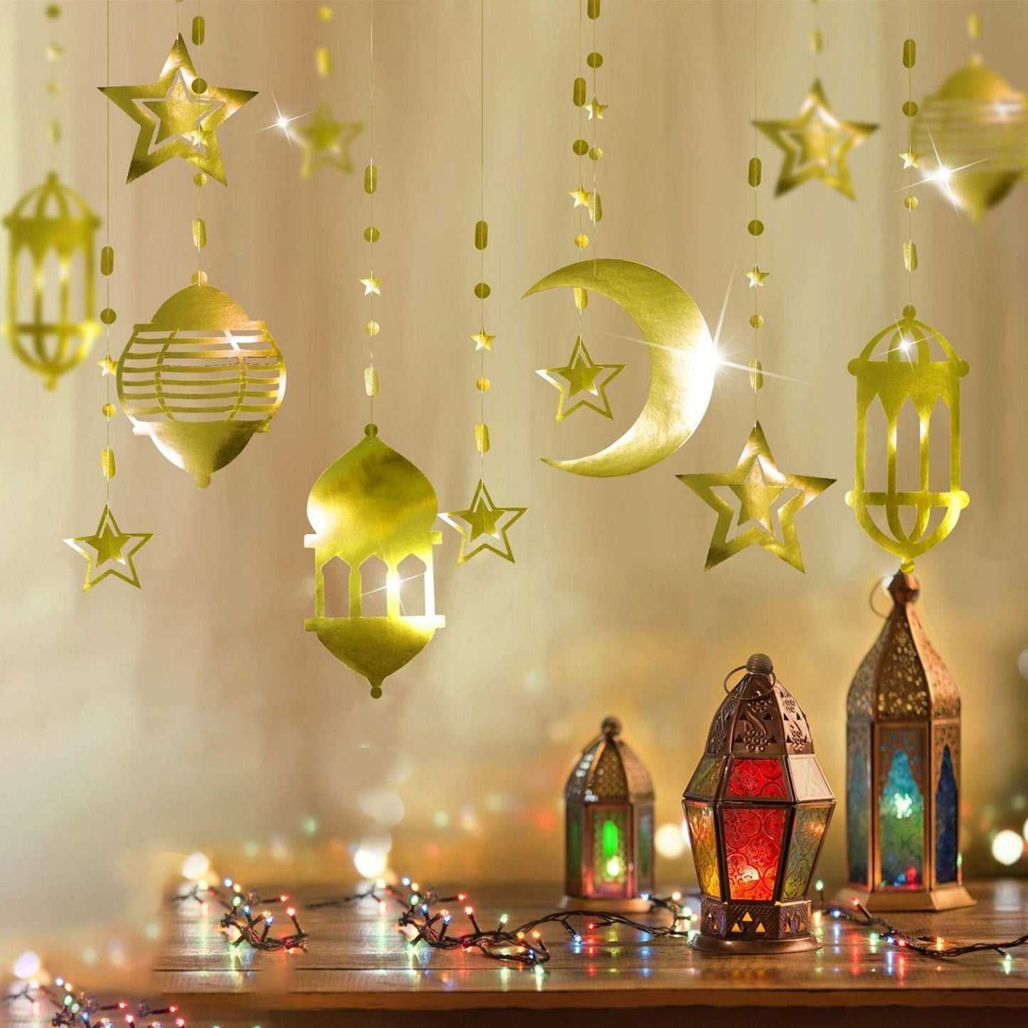 Cheerland Ramadan Decorations Gold Star Moon Lantern Garland Pre-Assembled Shining Hanging Ramadan Mubarak Eid Decorations Banner Streamer for Eid Mubarak Decor Home Party Supplies 16 Pcs