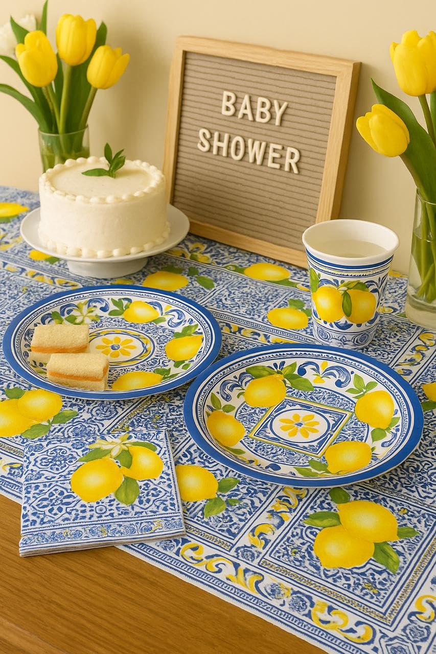 Elegant Disposable Tableware Set | 81 Pcs | Serves 20 Guests l 20 Extra Thick Paper Party Plates + 20 Cups + 20 Napkins + 1 Large Tablecloth | Perfect for Events, Baby Showers, Weddings & Picnics.