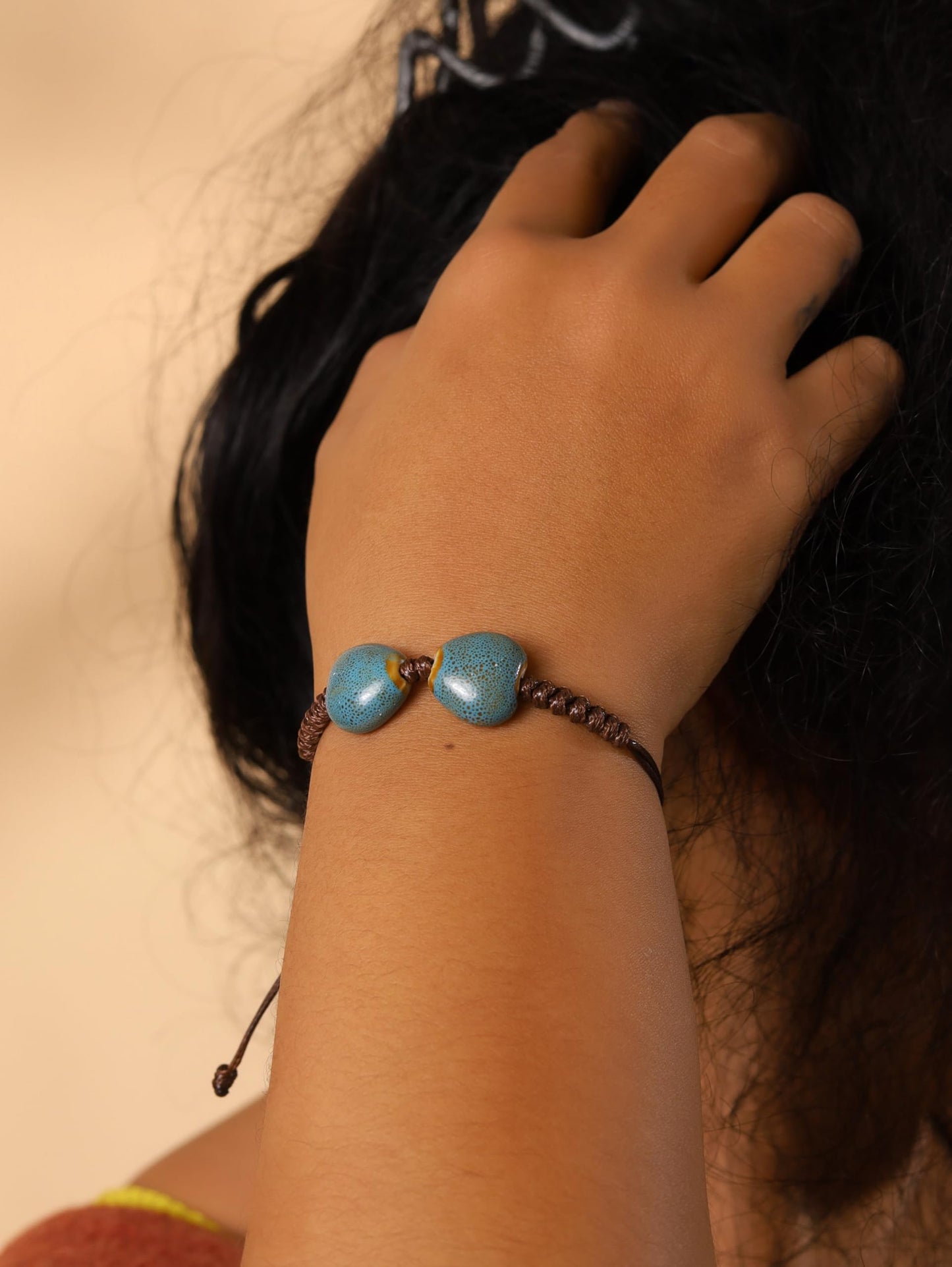 MINACHI Bohemian Blue Heart Shape Ceramic Bead Adjustable Leather Bracelet, Boho Hippie Summer Jewelry Gift for Women