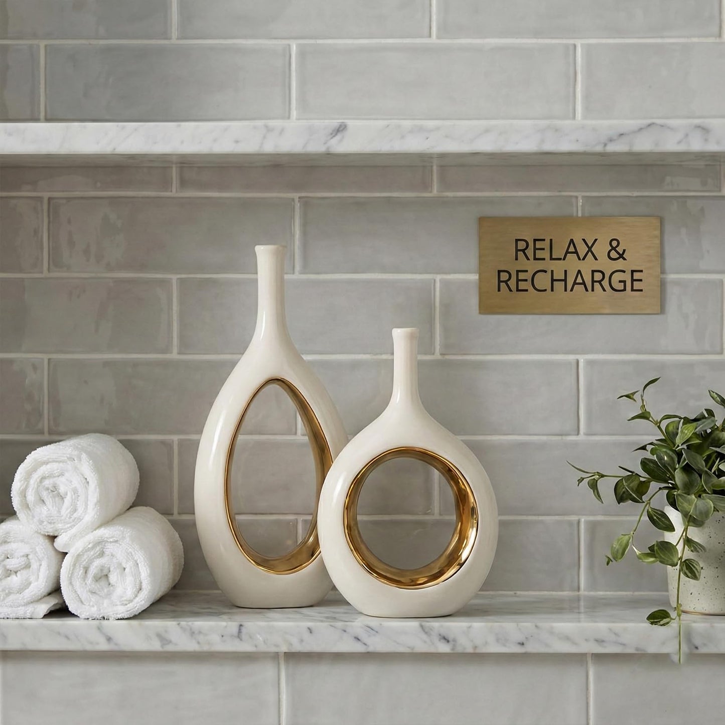 White and Gold Vase Ceramic White Vases Home Decor,Modern Minimalist Circle with Hole Decorative Vase, Hollow Ellipse Flower vases for Bookshelf, Fireplace Mantle, Centerpieces,Farmhouse,Rustic Décor