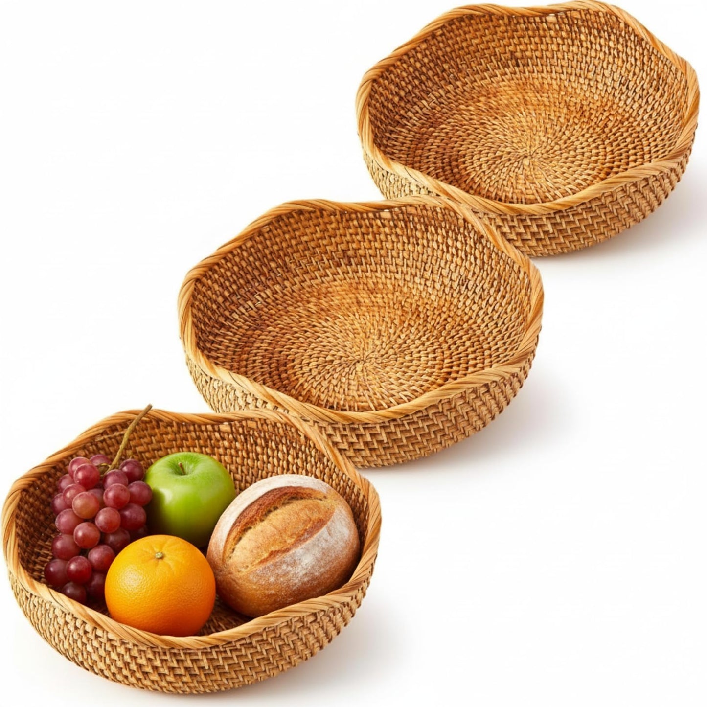 Fiwochic 3 Pcs 10.2 Inch Scalloped Rattan Fruit Baskets Round Wicker Bread Food Serving Storage Bowls Large Woven Natural Decorative Basket Tray for Kitchen Entryway Tabletop Counter Organizing
