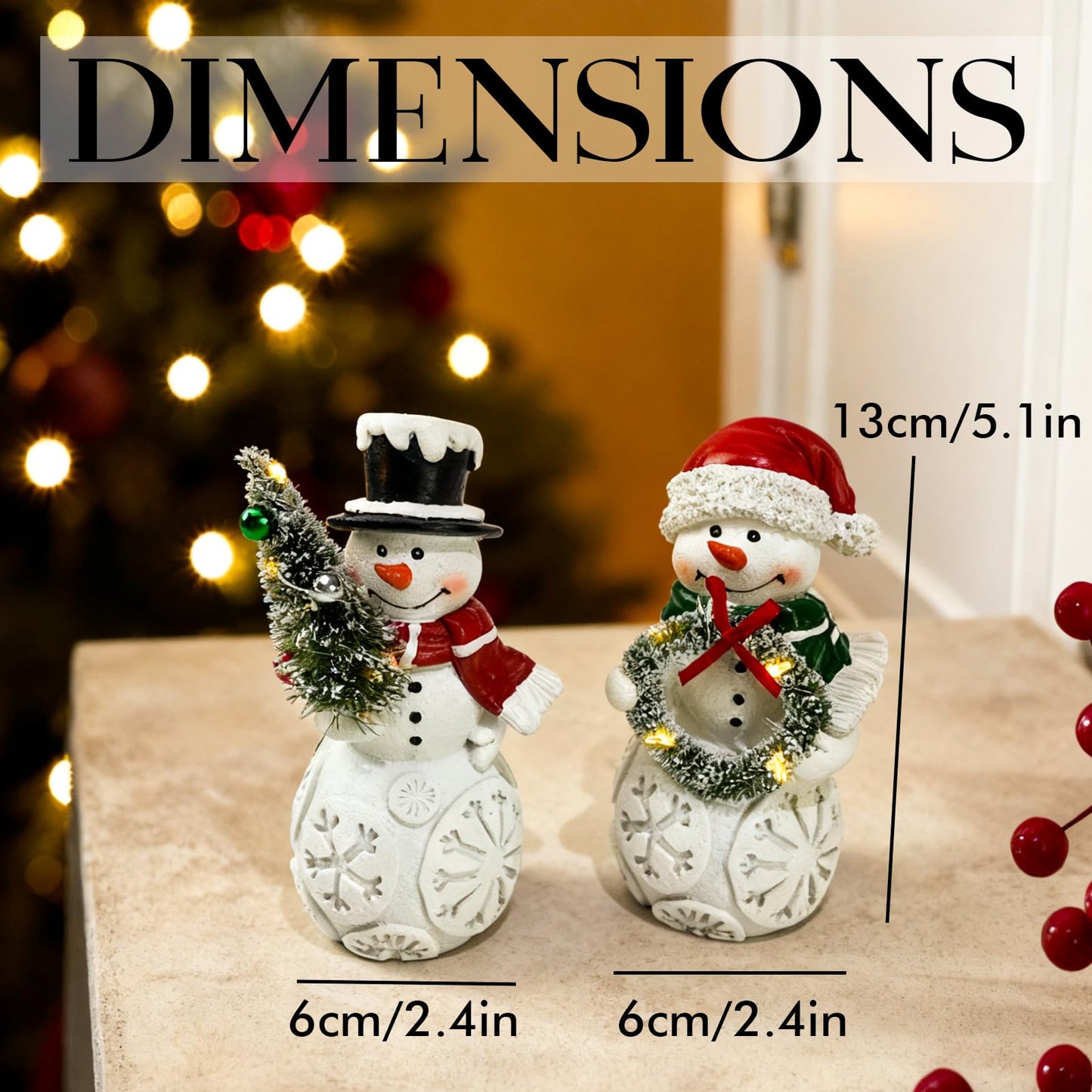 LFLKPY Snowman Christmas Decorations Set of 2 with LED Lights, Resin Light Up Snowman Figurines with Tree & Wreath, Battery Operated Holiday Tabletop Decor for Xmas Home, Mantel, Shelf, Gift