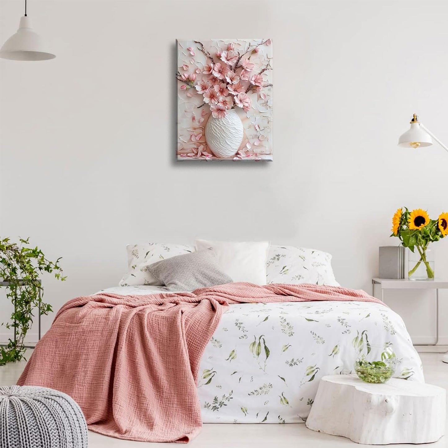 Pink Floral Canvas Wall Art sakura Flowers Botanical painting Decor Pictures Cherry blossoms Posters Prints for Living Room Classroom Bedroom office corridor bathroom Decoration