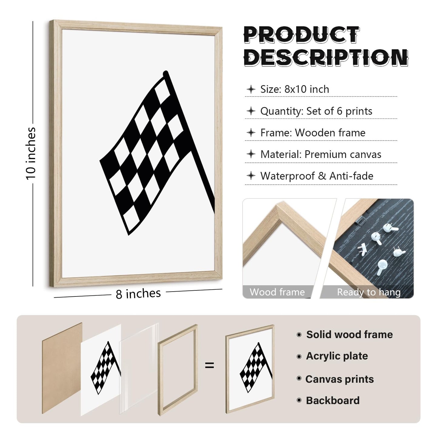 Race Car Wall Art Pictures Boys Room Wall Decor Nursery Toddler Canvas Wall Art Kids Playroom Art Prints Boys Race Car Poster Nursery Artwork Set of 6 for Bedroom 8x10 Inch Wood Framed