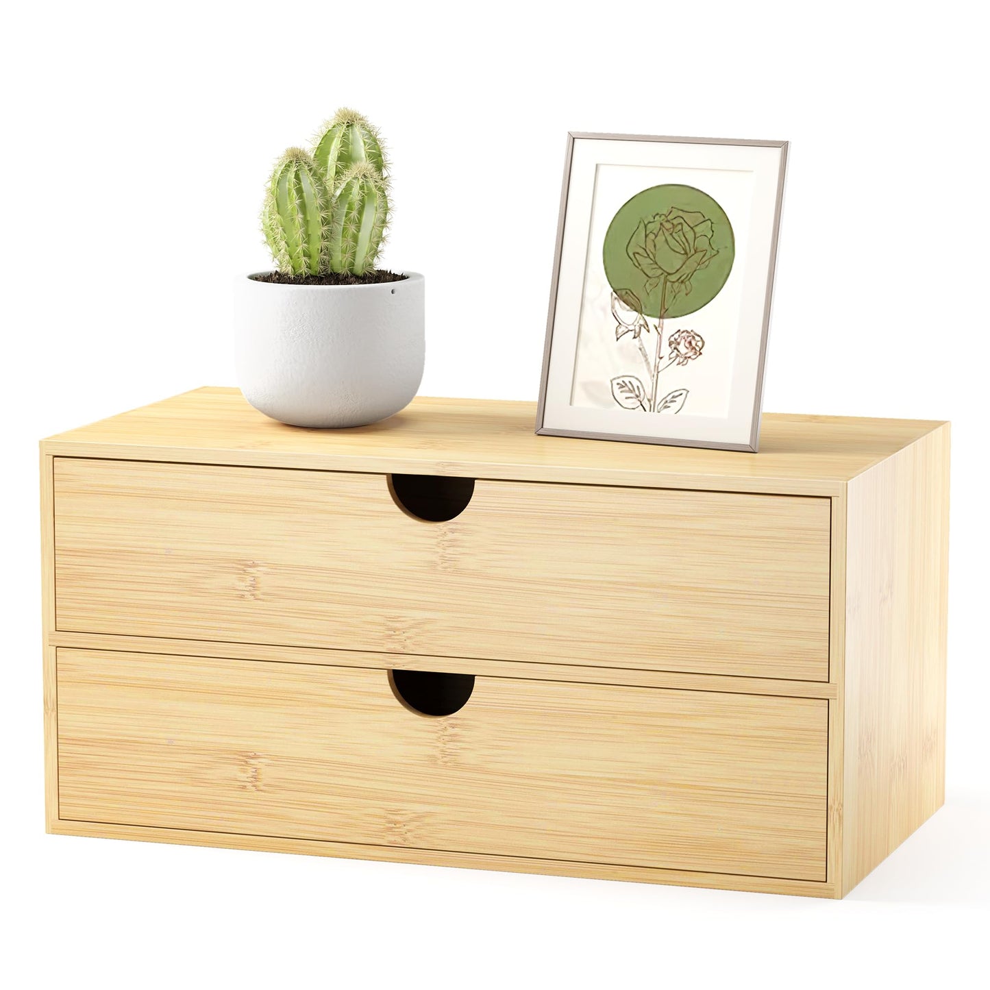 Wisuce Desk Organizer with Drawers - Bamboo Desktop Organizer Storage | White-Natural Wood Desk Drawers Organizer for Bills, Office Supplies, Cosmetics, Seals No Assembly Required(2 drawers edge-free)