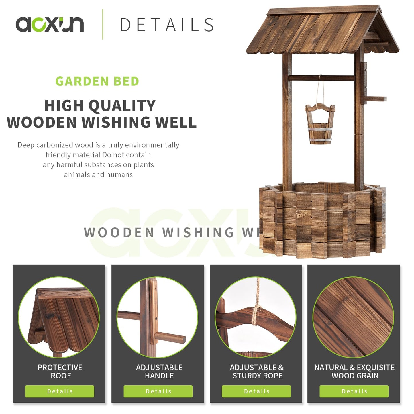 Aoxun Wooden Wishing Well Planters with Hanging Bucket, Garden Helper, Rustic Garden Decor for Outside, Yard, and Patio, Upgrade Reinforced Base, Brown