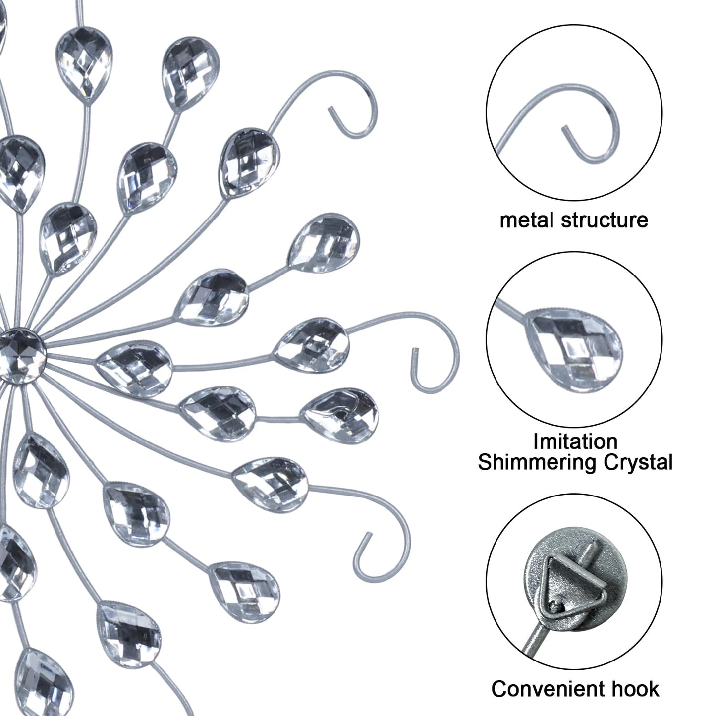 hogardeck Metal Flower Wall Decor, 11" Silver Metal Jeweled Wall Art Bling Crystal Home Décor, Sun Star Burst Rhinestone Wall Hanging Diamond Accents for for Indoor, Outdoor, Living Room, Bedroom