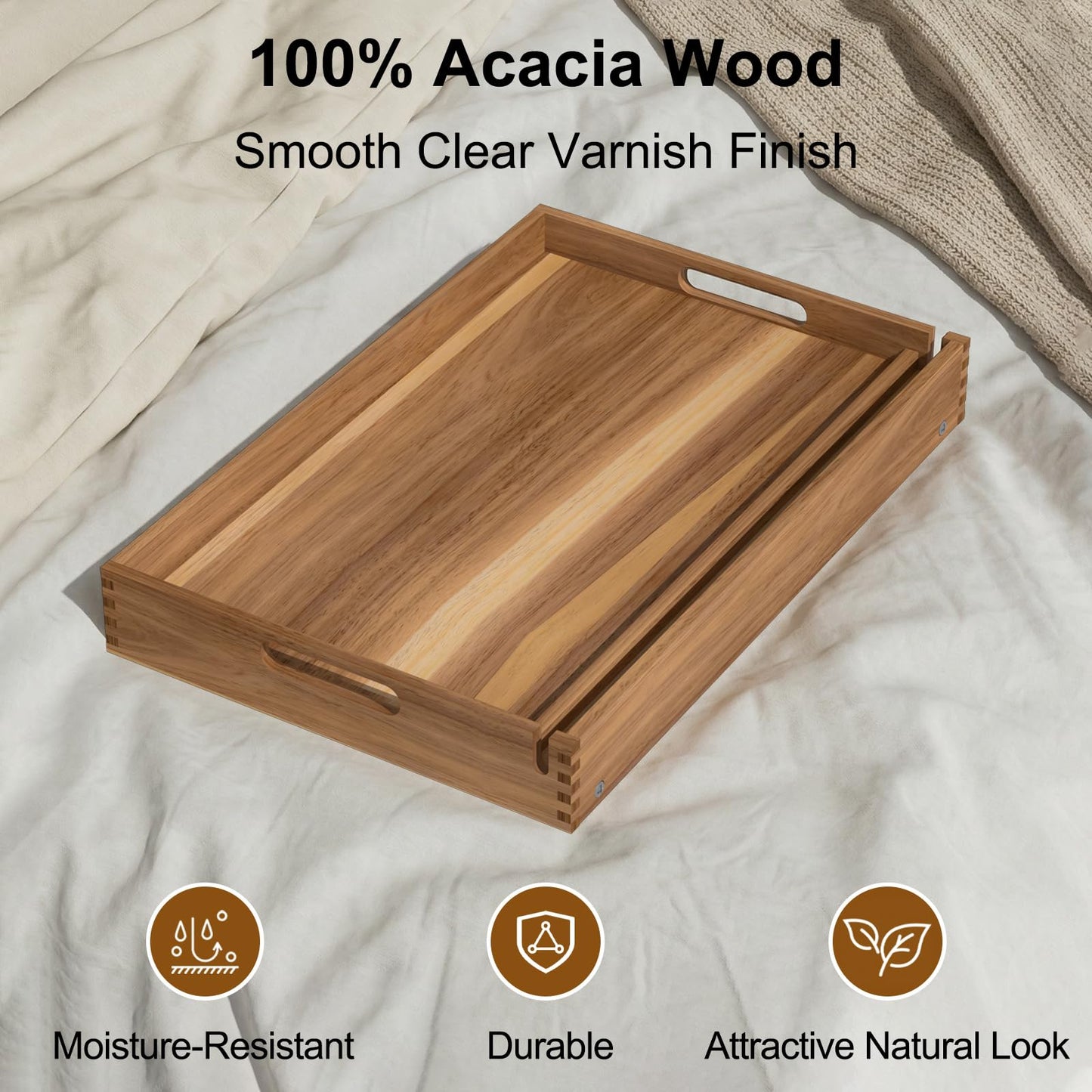 22"x14" Acacia Wood Folding Bed Tray Table, Extra Large Breakfast in Bed Tray with Raised 7.9" Leg Space, Foldable Legs, Tablet & Phone Slots, Cable Grooves, Food Tray for Bed