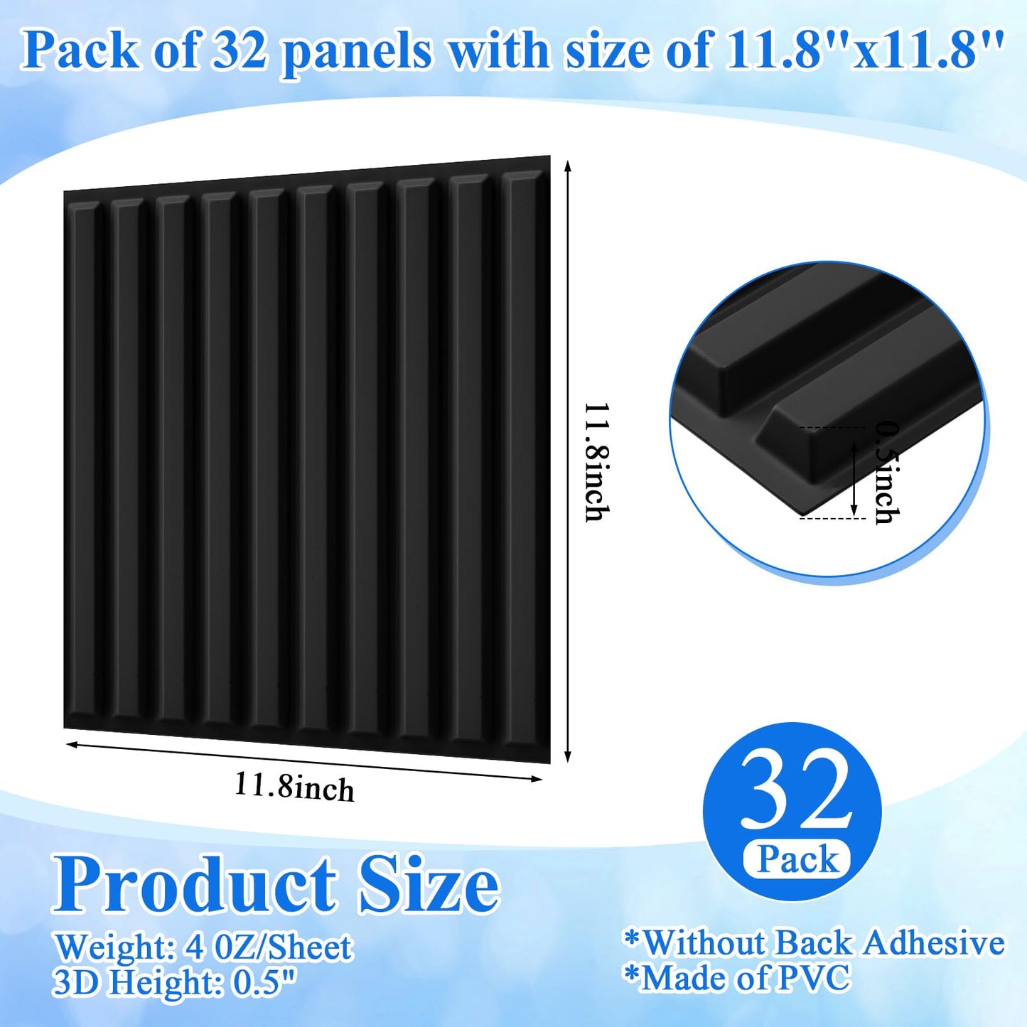 Nuanchu 32 Pcs 3D Slat Wall Panels, 12"x12" PVC Fluted Wall Paneling for Interior Decor, Paintable Waterproof Textured Tiles for Living Room TV Background Gaming Room, 32 Sq. ft Coverage (Black)