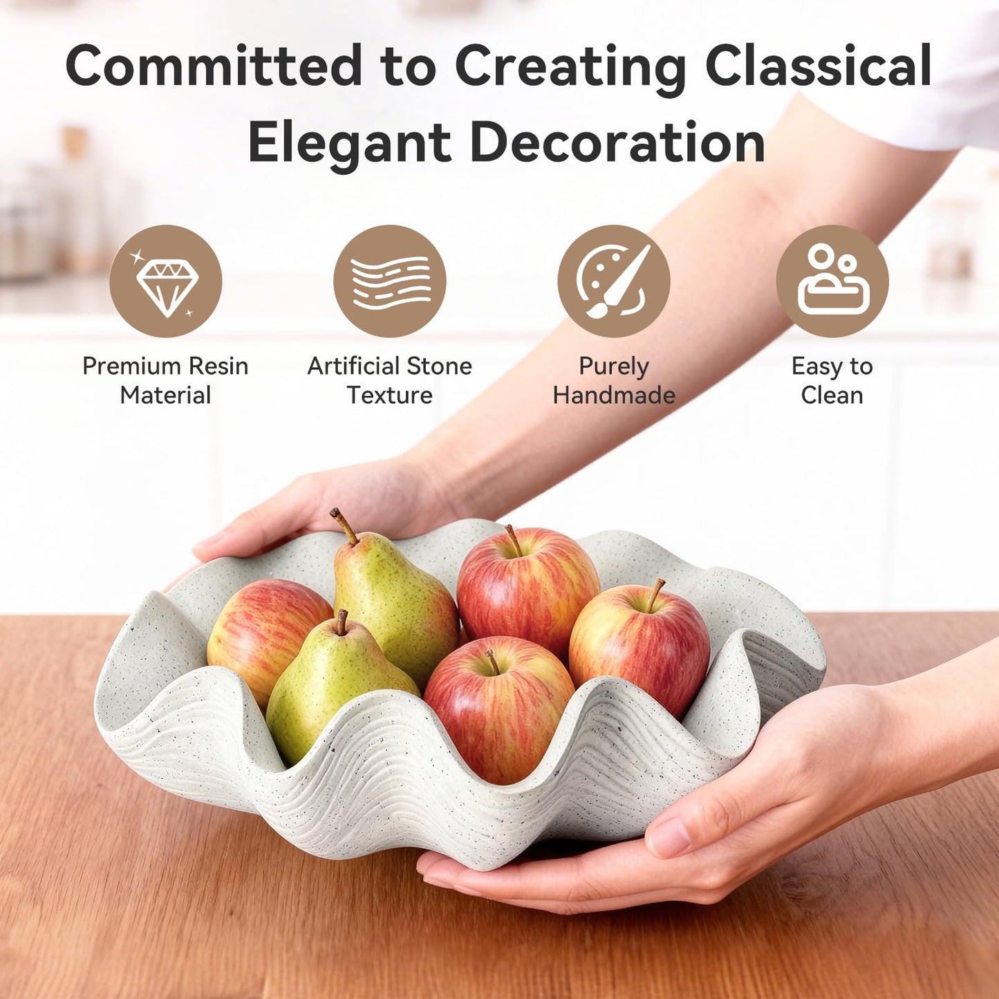 KEWOOL Scalloped Decorative Bowl Home Decor - 12.6" Modern Handicraft Large Shell Ruffle Decorative Fruit Bowl for Kitchen Counter, Chic Key Tray for Entryway Table, Artificial Stone White