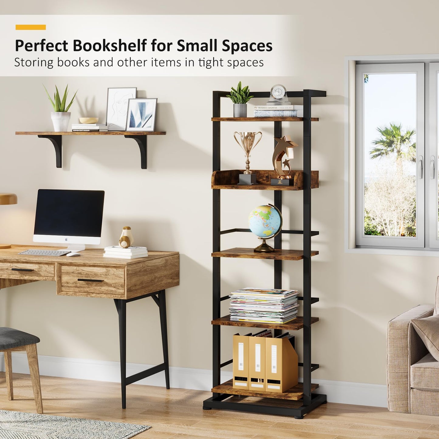 Hosfais Book Shelf Narrow Bookshelf: 5 Tier Wood Bookcase with Metal Edge Protection Industrial Modern Bookshelf Book Storage Organizer for Living Room Bedroom Home Office (Rustic Brown)
