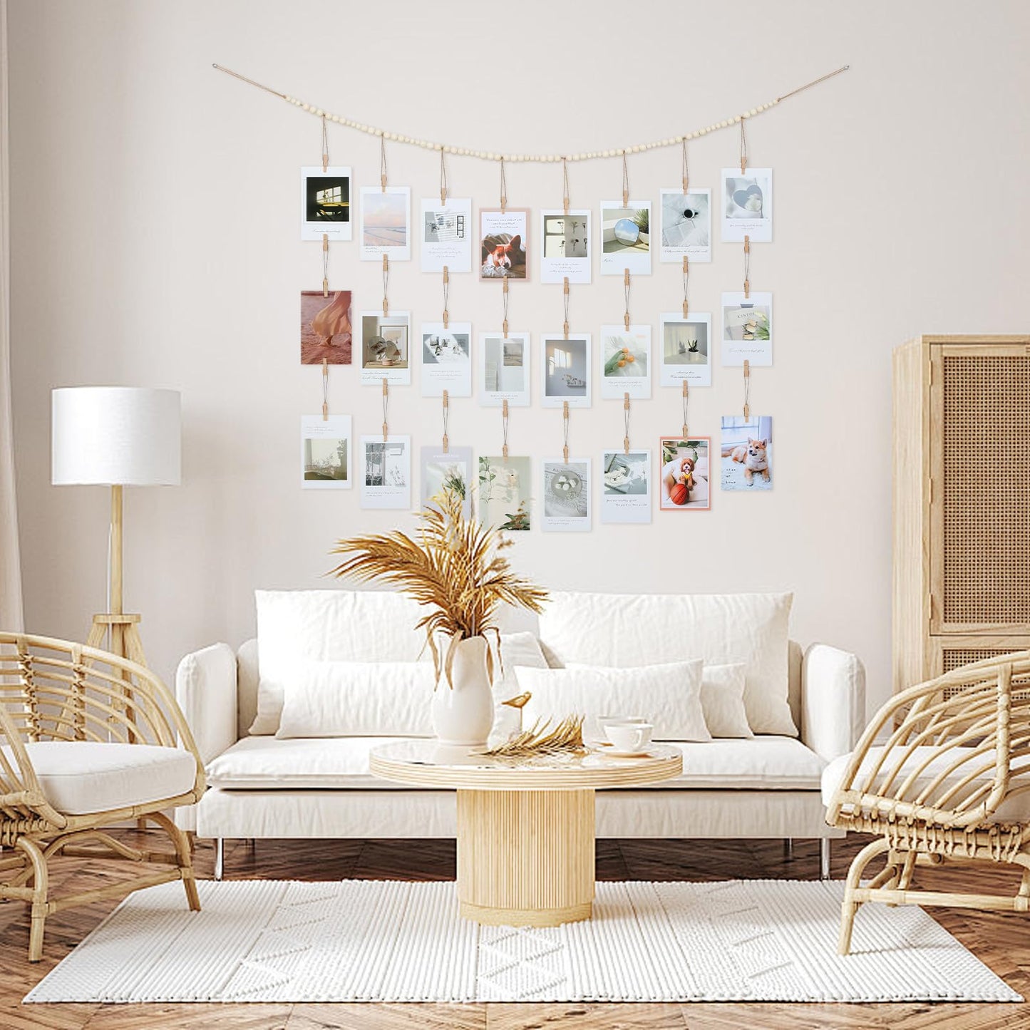KLOGTSIND Hanging Photo Display with Clips Wall Decor, Boho Wooden Beads Garland Picture Banner, Collage Card Kids Art Holder Photo String with 28 Clips for Room Dorm Decor, Christmas Teen Girl Gifts