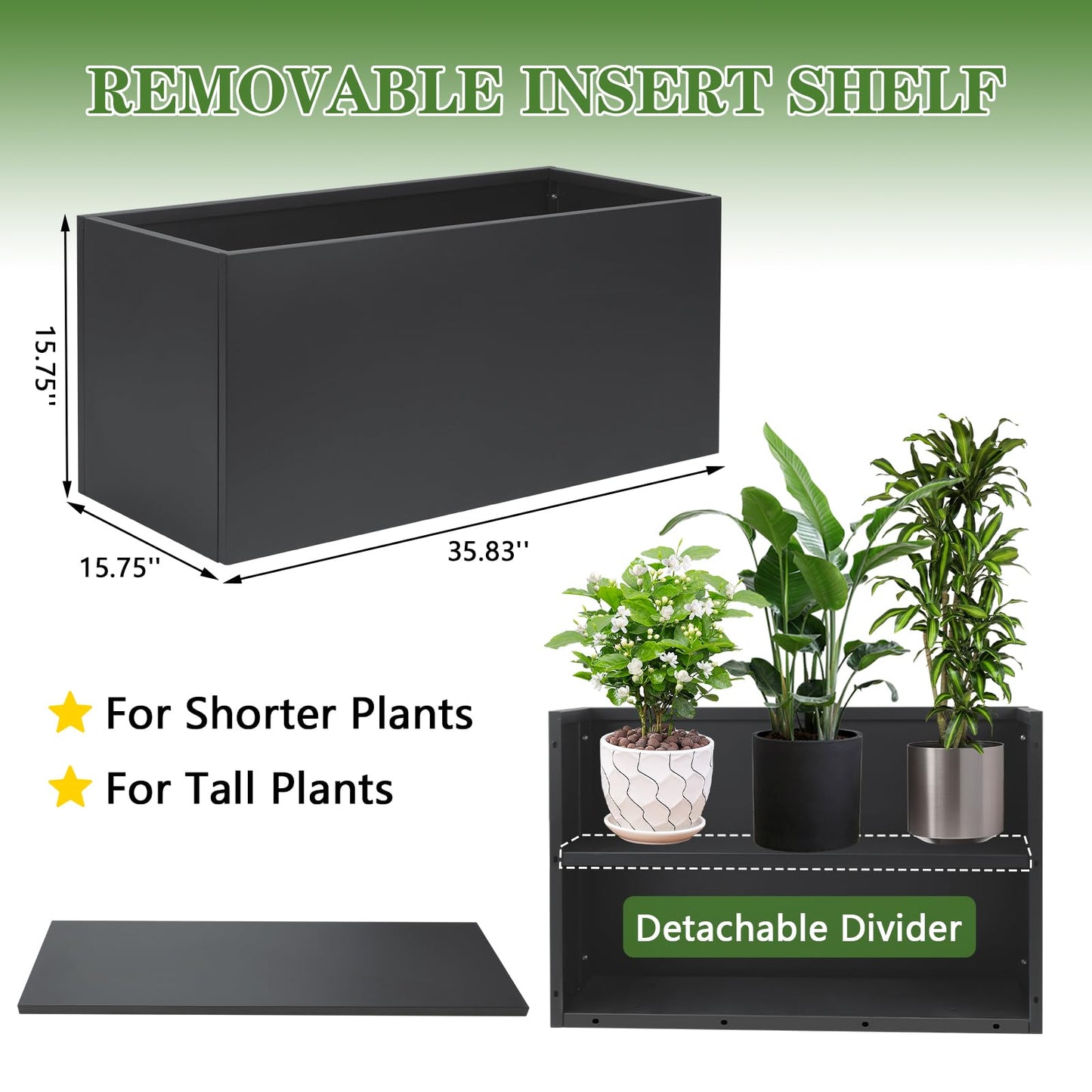 FORJAMINT Metal Planter Boxes 36" L×16" W×16" H Outdoor Rectangular Planter with Removable Insert Shelf，Black Planter Boxes Outdoor, Tall Planter Heavy Duty for Indoor and Outdoor