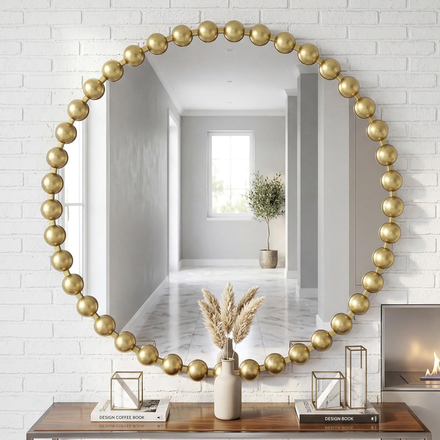 PERHOM Wall Mirror Decor Modern - Round Gold Large Beaded Mirror Decor,Circle Wall Mirror for Hallway,Bathroom,Living Room,Dining Room,Badroom,Entryway,27'' Metal Framed