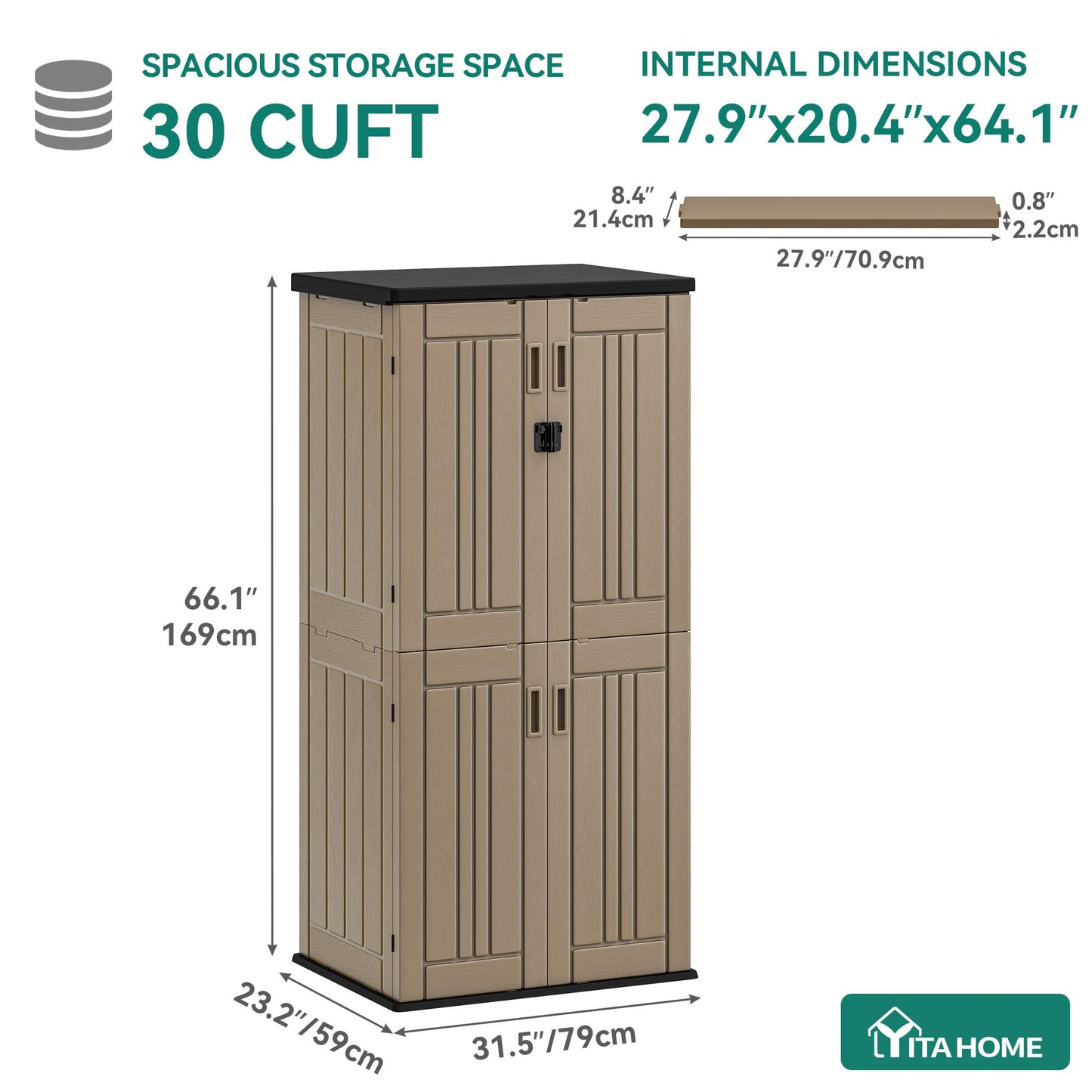 YITAHOME Outdoor Tall Storage Cabinet with 4 Shelves, Waterproof Resin Vertical Tool Shed, Lockable 30 cu. ft. Storage Shed for Patio, Garden, Yard, Brown