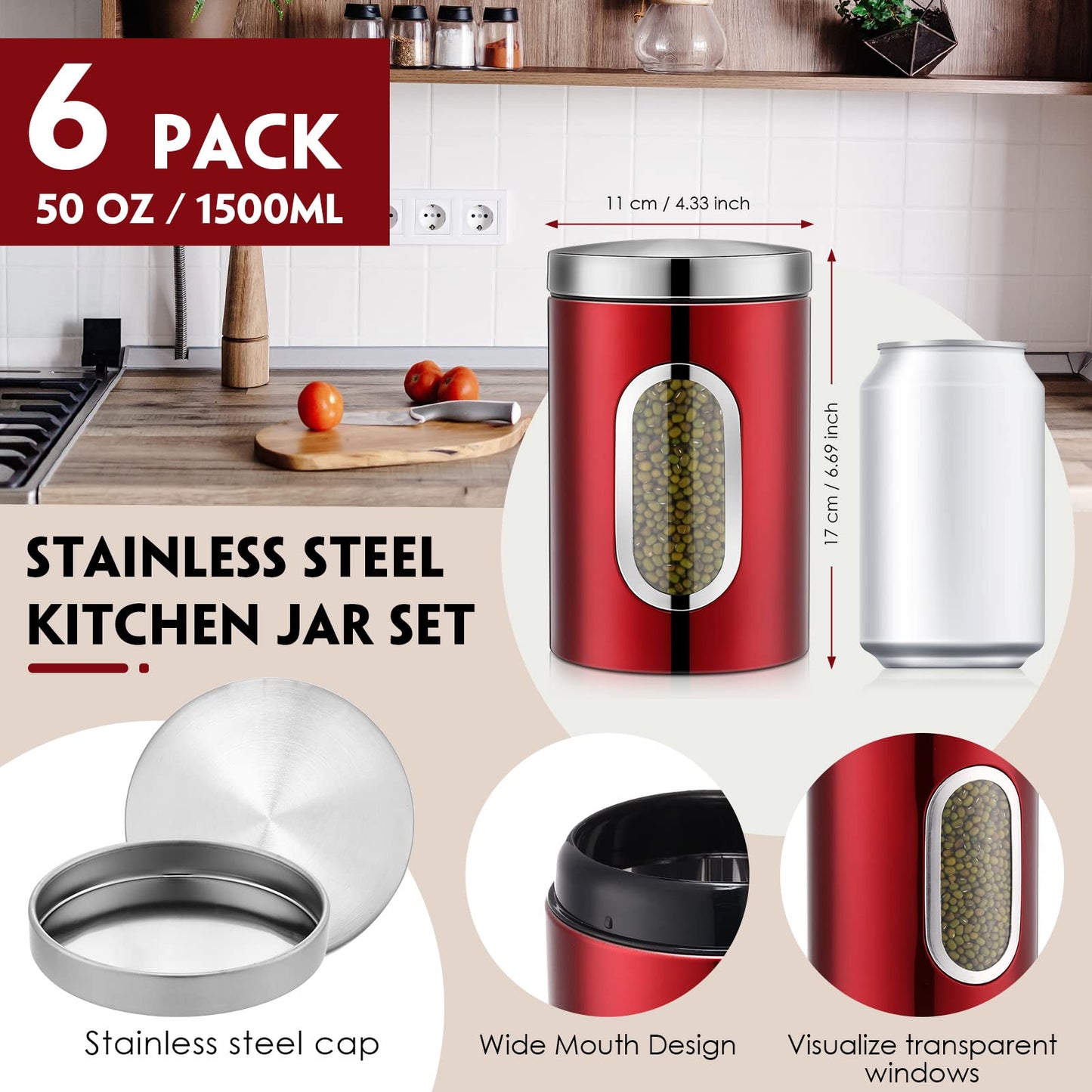 Zopeal 6 Pack Red Canisters Sets For Kitchen 50oz Stainless Steel Red Kitchen Canisters with Transparent Windows Flour Sugar Container Metal Jar Countertop Set for Coffee Tea Decorative