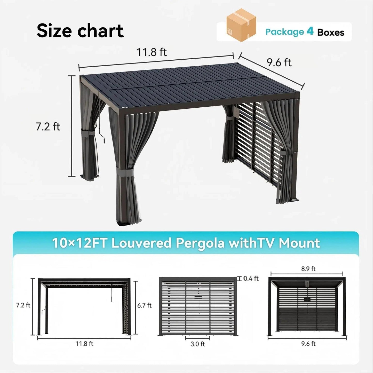 COSIEST 10' x 12' Louvered Pergola with TV Mount, Outdoor Aluminum Pergola with Adjustable Roof, 4 Posts Drainage System, Privacy Curtains & Rainproof Gazebo for Patio, Deck, Backyard, Garden