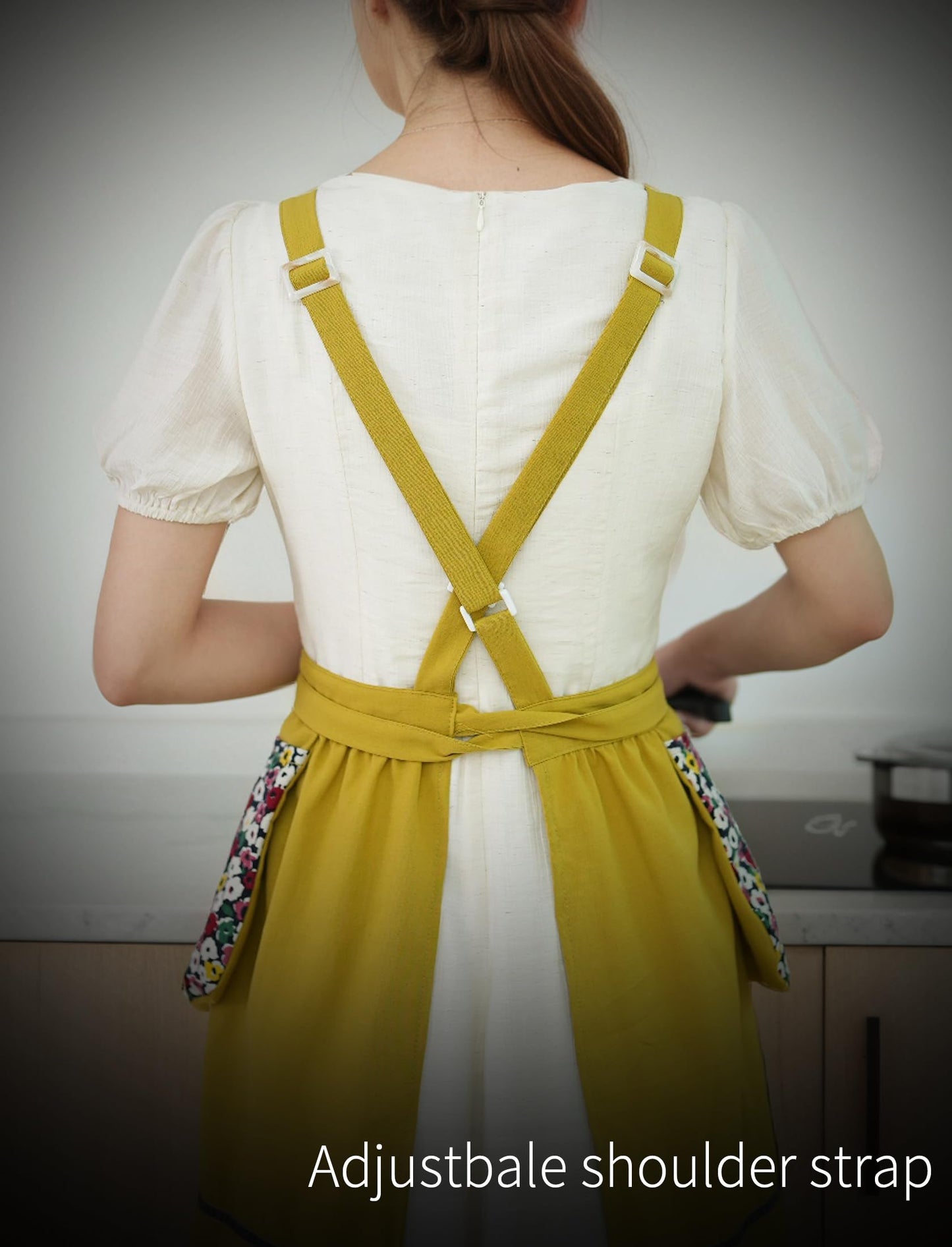 Pinknoke Kitchen Aprons for Women with Pockets Cute Floral Chef Pinafore Apron for Gardening Cooking Baking Painting (Mustard)