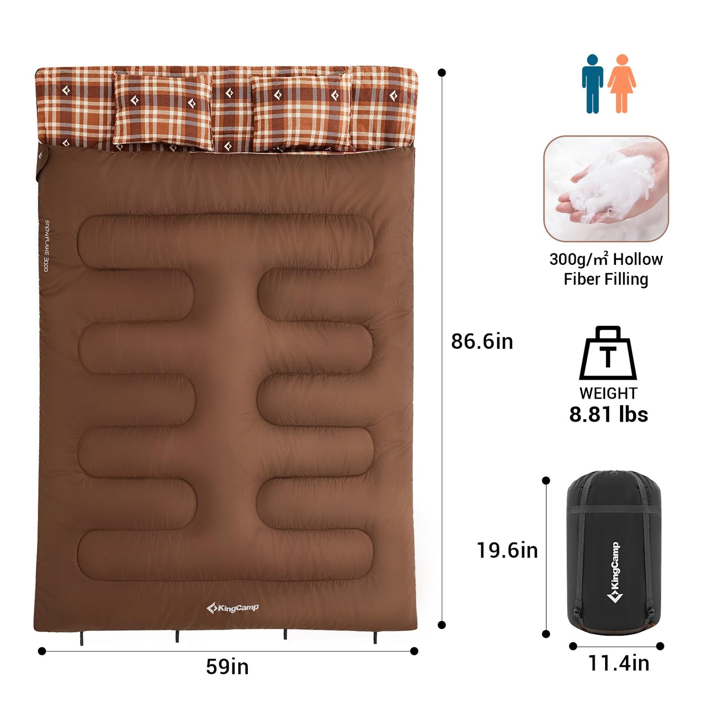 KingCamp Double Sleeping Bag for Adults, Queen Size 2 Person XXL Flannel Sleeping Bag, Waterproof Lightweight Flannel Quilt with 2 Pillows, Perfect for Couples Family Camping Hiking, Coffee