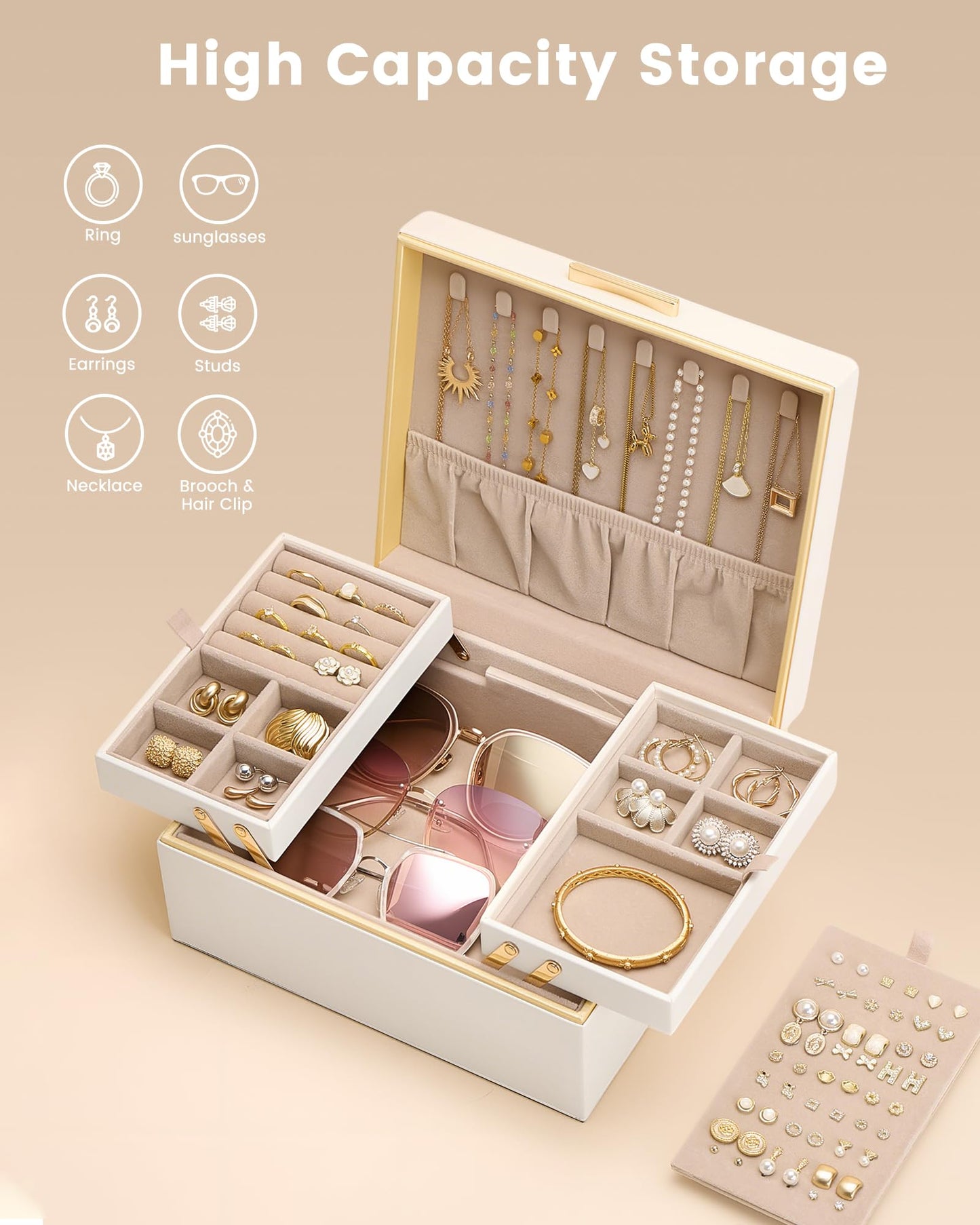 Lolalet Jewelry Box Organizer for Women Girls, 2 Layer Jewelry Organizers and Storage for Necklace Earrings Rings Bracelets, Large Jewellery Holder Case Birthday Valentine Gifts -Cream