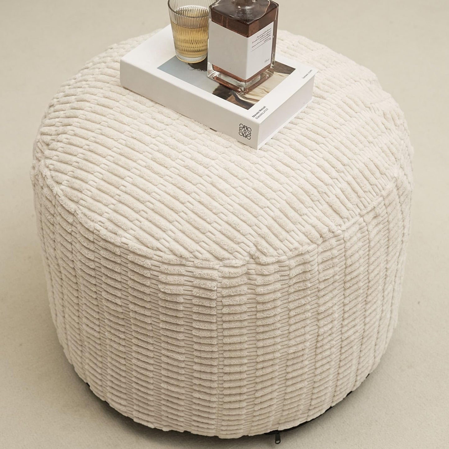 Round Stuffed Pouf Ottoman for Foot Rest, Storage Ottoman Pouf Foot Stool Cushion, Faux Fur Poufs with Foam Chunk Filling, 26 X 18 Inch Floor Chair for Living Room Bedroom Home Decor, Beige