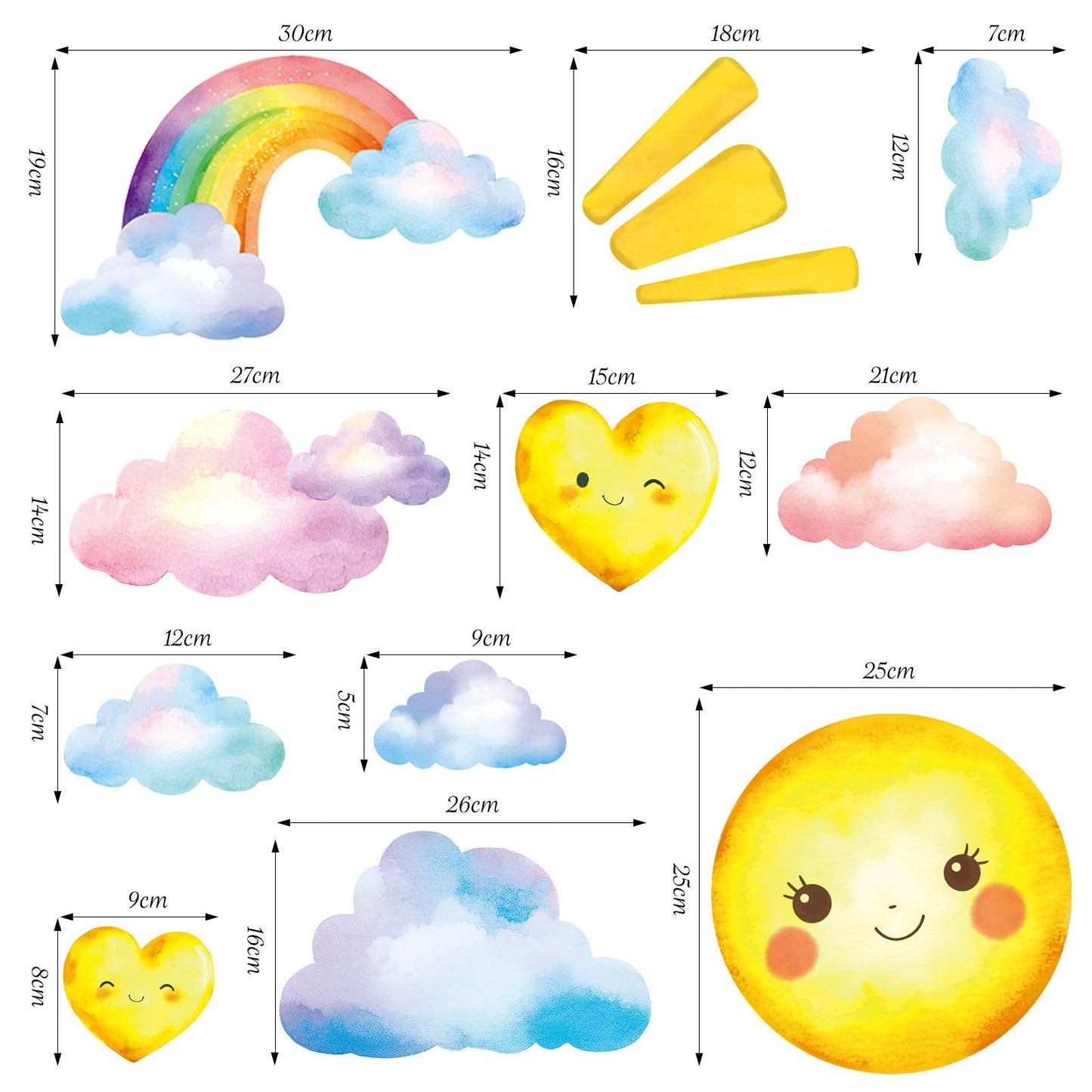 SHUCHING Large Sun Wall Sticker Peel and Stick, Vinyl Cloud Heart Wall Decal, Wall Decor for Kids Bedroom Nursery Playroom