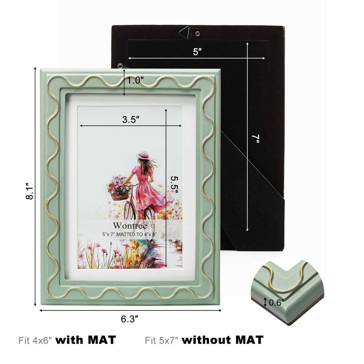 Wontree 5x7 Picture Frame, Shinning Gold Swirls Against Sage-like Green, Resin Frame with Real Glass, Display 5x7 Photos Matted to 4x6, Vertical and Horizontal Desk Tabletop or Wall Hanging