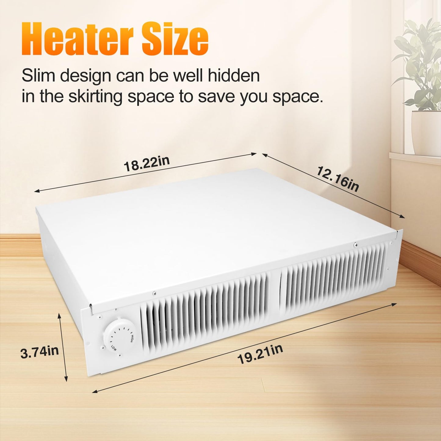 Model 112 Electric kickspace heater with built-in thermostat, 1500W toe kick heater, suitable for cabinet, vanity, and stairwell kick spaces, white