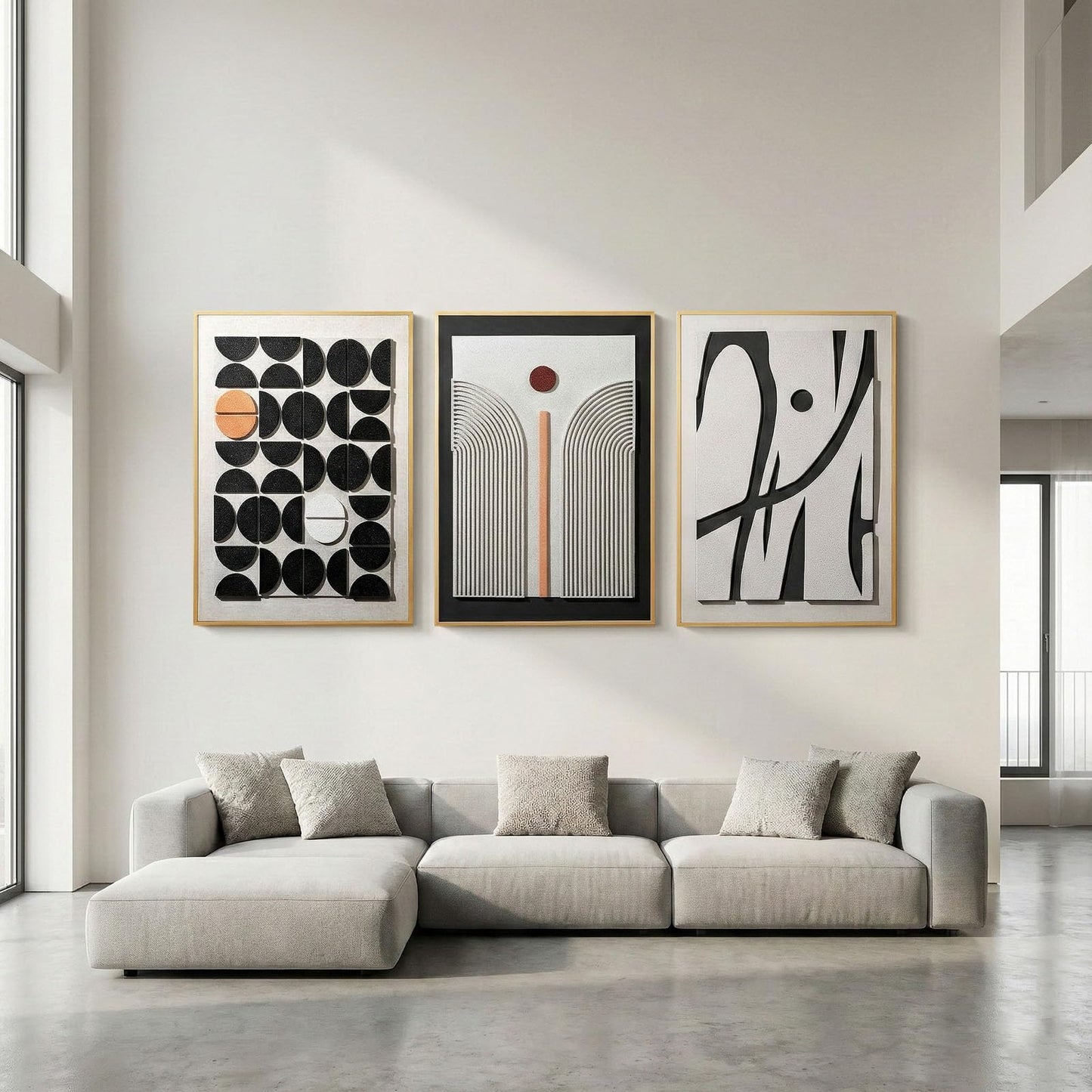Large 3D Textured Framed Abstract Wall Art for Living Room, 3 Piece Modern Boho Artwork for Walls, Black White Orange Geometric Sandstone Texture Pictures for Hallway Office Home Decor 24x36 In