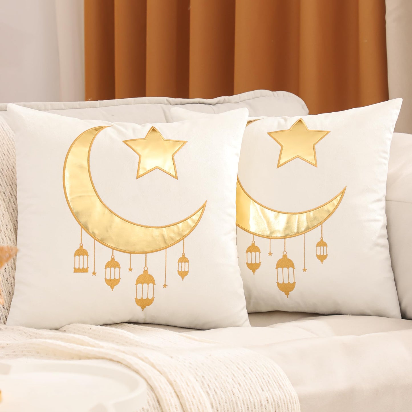 Tosleo Ramadan Lantern Pillow Covers 18x18 inch Set of 2 Beige and Gold Velvet Throw Pillow Covers Ramadan Eid Mubarak Cushion Covers Star and Moon Decorations for Home Couch Sofa Outdoor