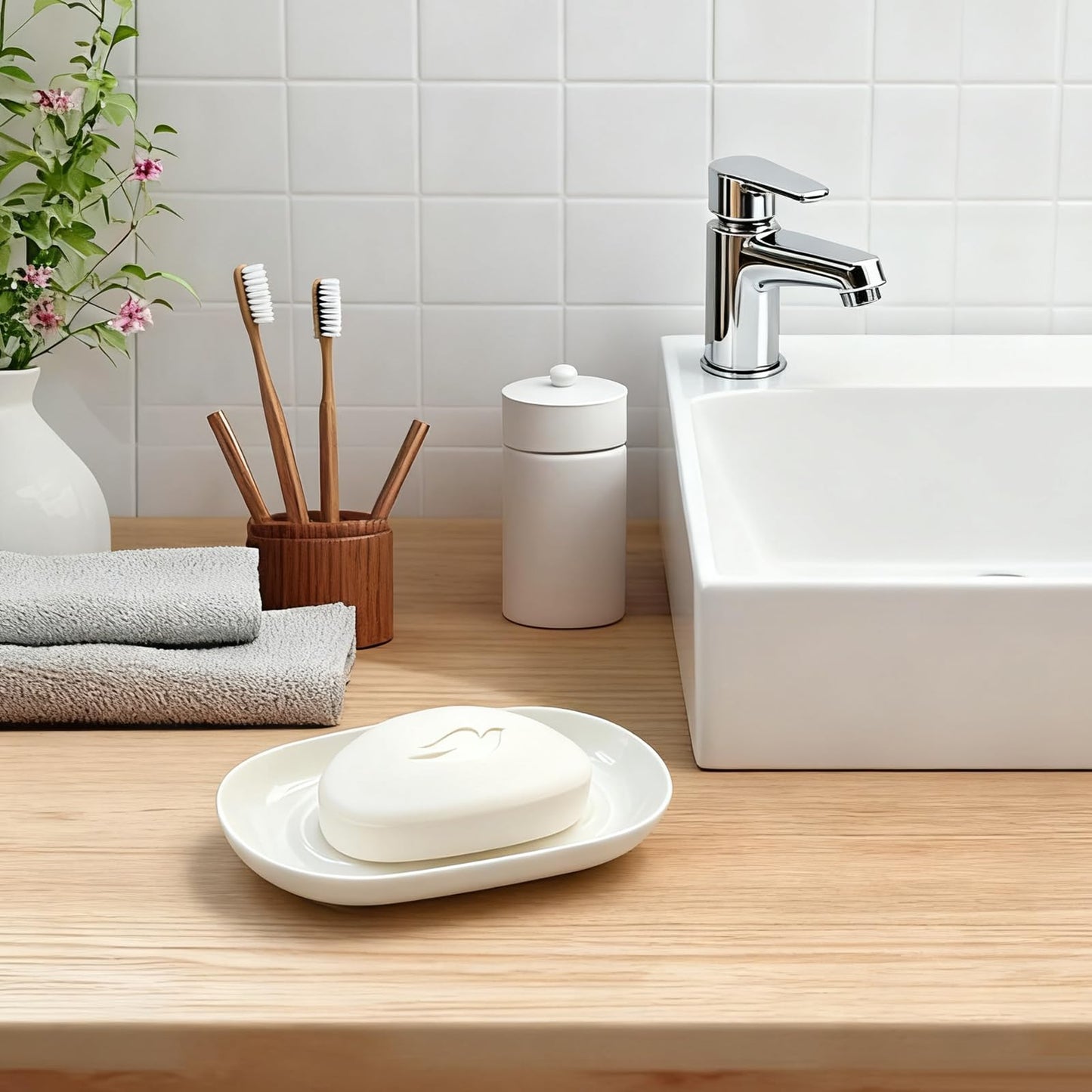 Aenfaiy Ceramic Soap Dish for Bath Sink- Modern White Bar Soap Holder for Shower - Easy to Clean Multi-Purpose Oval Soap Dishes for Soap Bar, Sponges, Jewelry, Small Items | Fits Bathroom & Kitchen