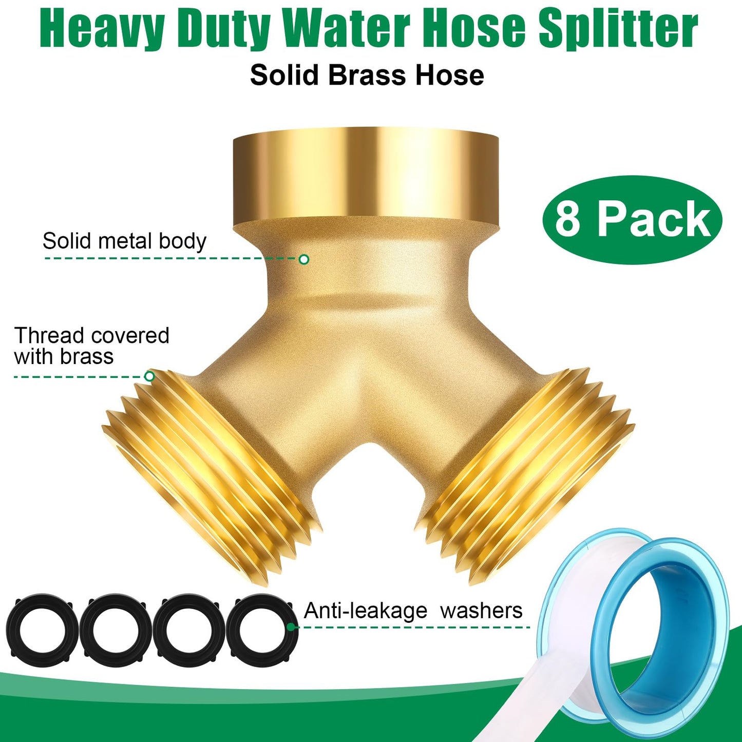 JaGely 8 Pack Garden Hose Splitter 2 Way Heavy Duty Brass Hose Spigot Adapter Y Valve Garden Hose Connector 3/4" Inch Thread Splitter Adapter with 16 Rubber Hose Washers