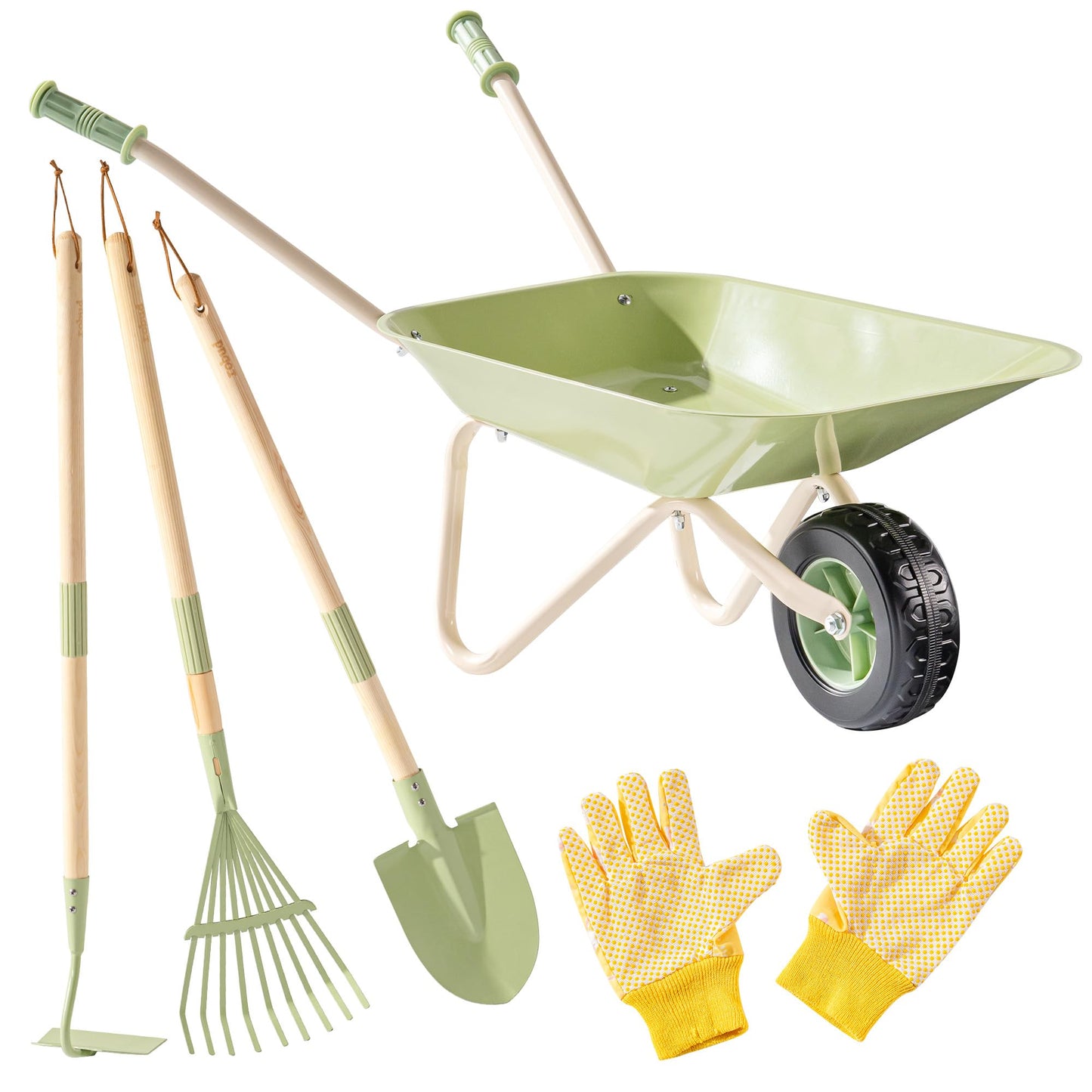 ROBOTIME Kids Wheelbarrow Set, 5PCS Kids Gardening Tool Set with Metal Toy Wheelbarrow, Shovel, Hoe, Broom & Gloves, Outdoor Yard Play for Planting, Sand, Leaves & Snow Fun, Gifts for Toddler 3+