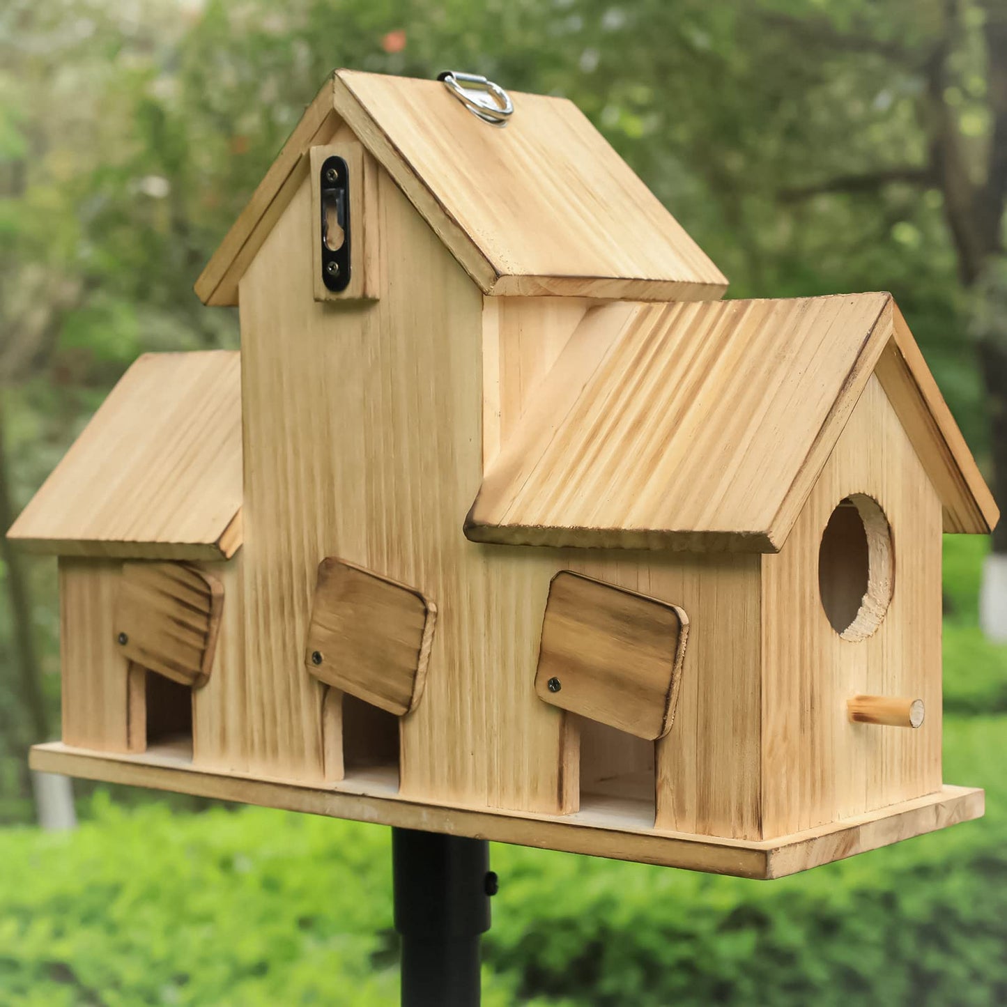 STARSWR Bird Houses for Outside,Outdoor 3 Hole Bird House Room for 3 Bird Families Bluebird Finch Cardinals Wooden Hanging Birdhouse for Garden