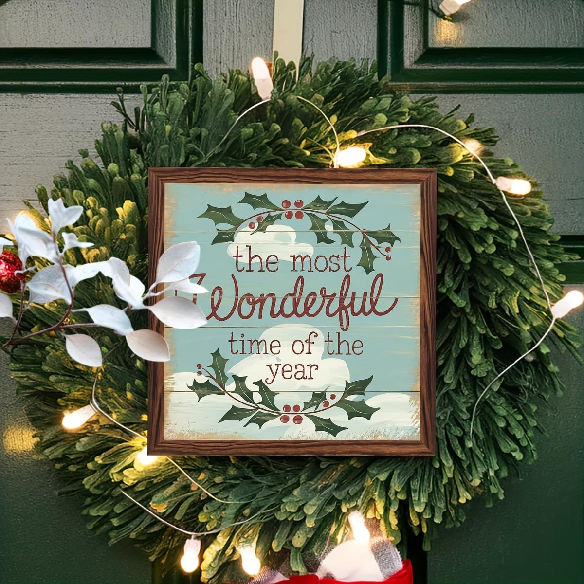 The Most Wonderful Time of the Year Wooden Framed Sign Christmas Holly Berry Decor Wall Art Inspirational Quote Rustic Decor for Home, Living Room, Winter 8x8 Inch